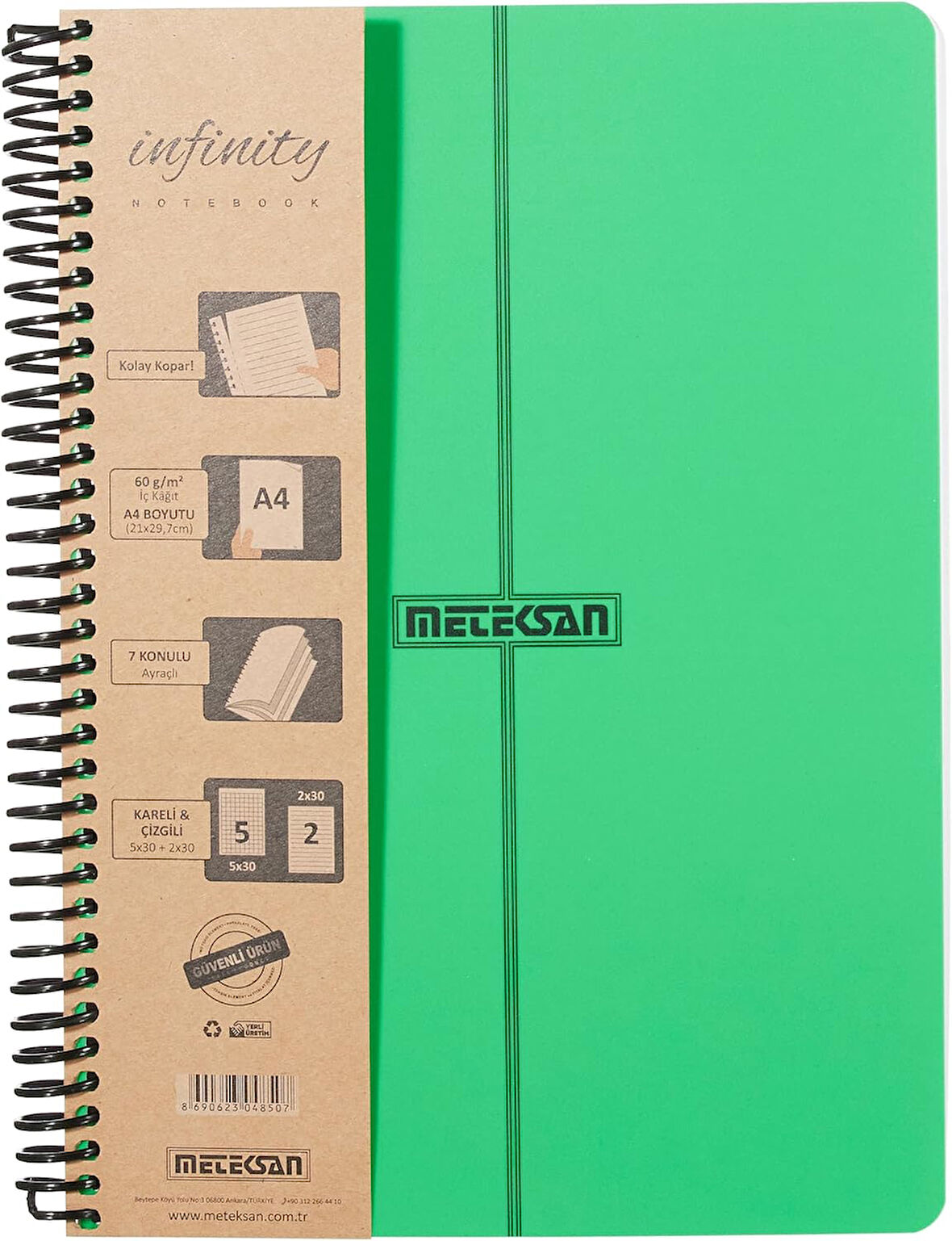 Infinity Primary Serisi, A4, 7 Konulu (5 Kareli, 2 Çizgili) 210 Yaprak PP Kapaklı Spiralli Defter, Yeşil