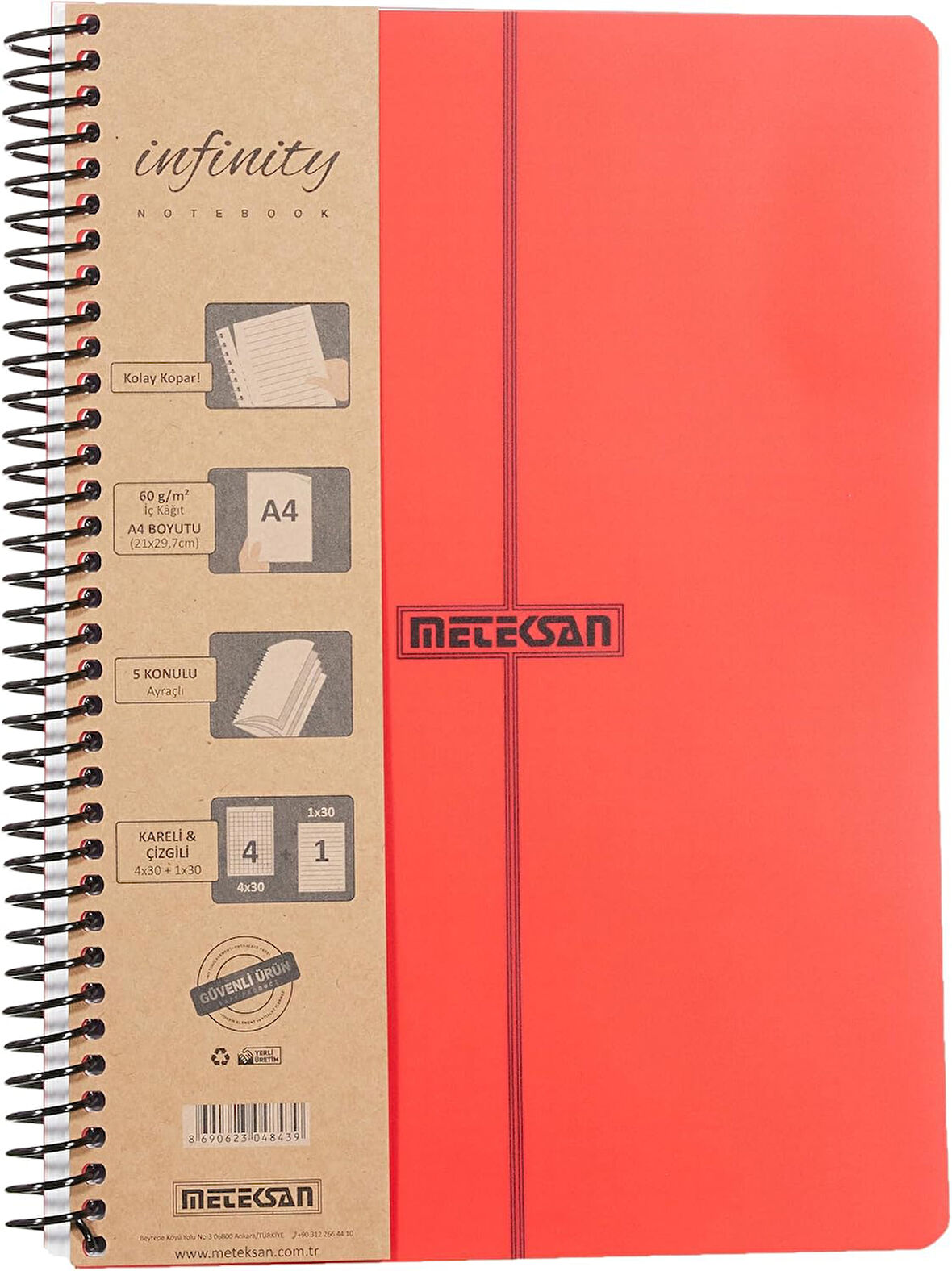 Infinity Primary Serisi, A4, 5 Konulu (4 Kareli, 1 Çizgili) 150 Yaprak PP Kapaklı Spiralli Defter, Kırmızı