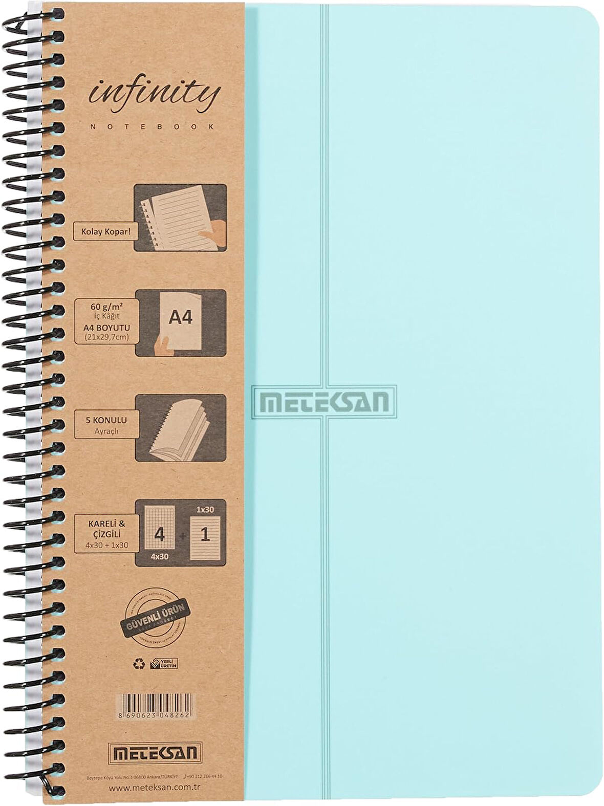 Infinity Pastel Serisi, A4, 5 Konulu (4 Kareli, 1 Çizgili) 150 Yaprak PP Kapaklı Spiralli Defter, Mavi