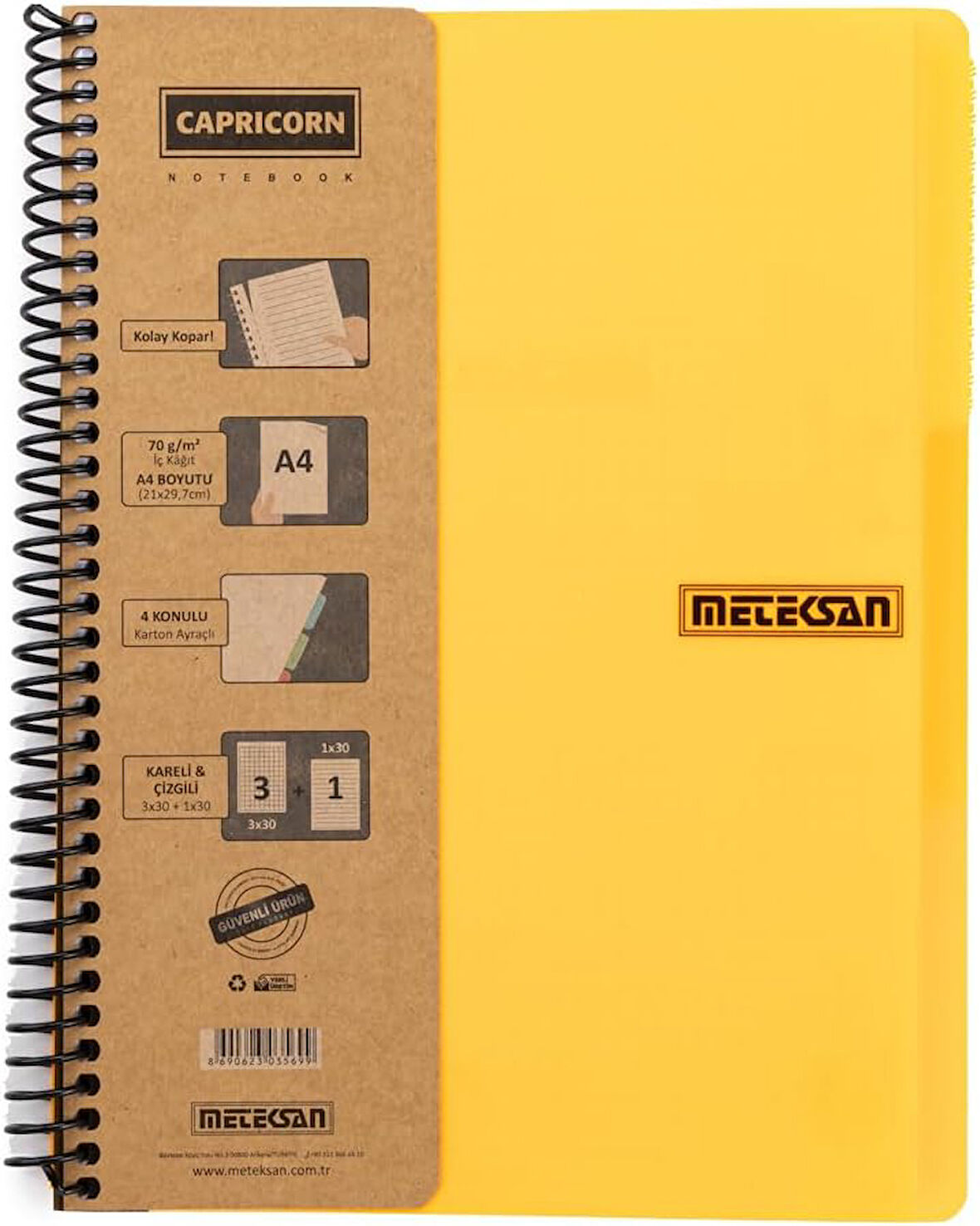 Capricorn Neon Serisi, A4, 7 Konulu (5 Kareli, 2 Çizgili) 210 Yaprak PP Kapaklı Spiralli Defter, Turuncu