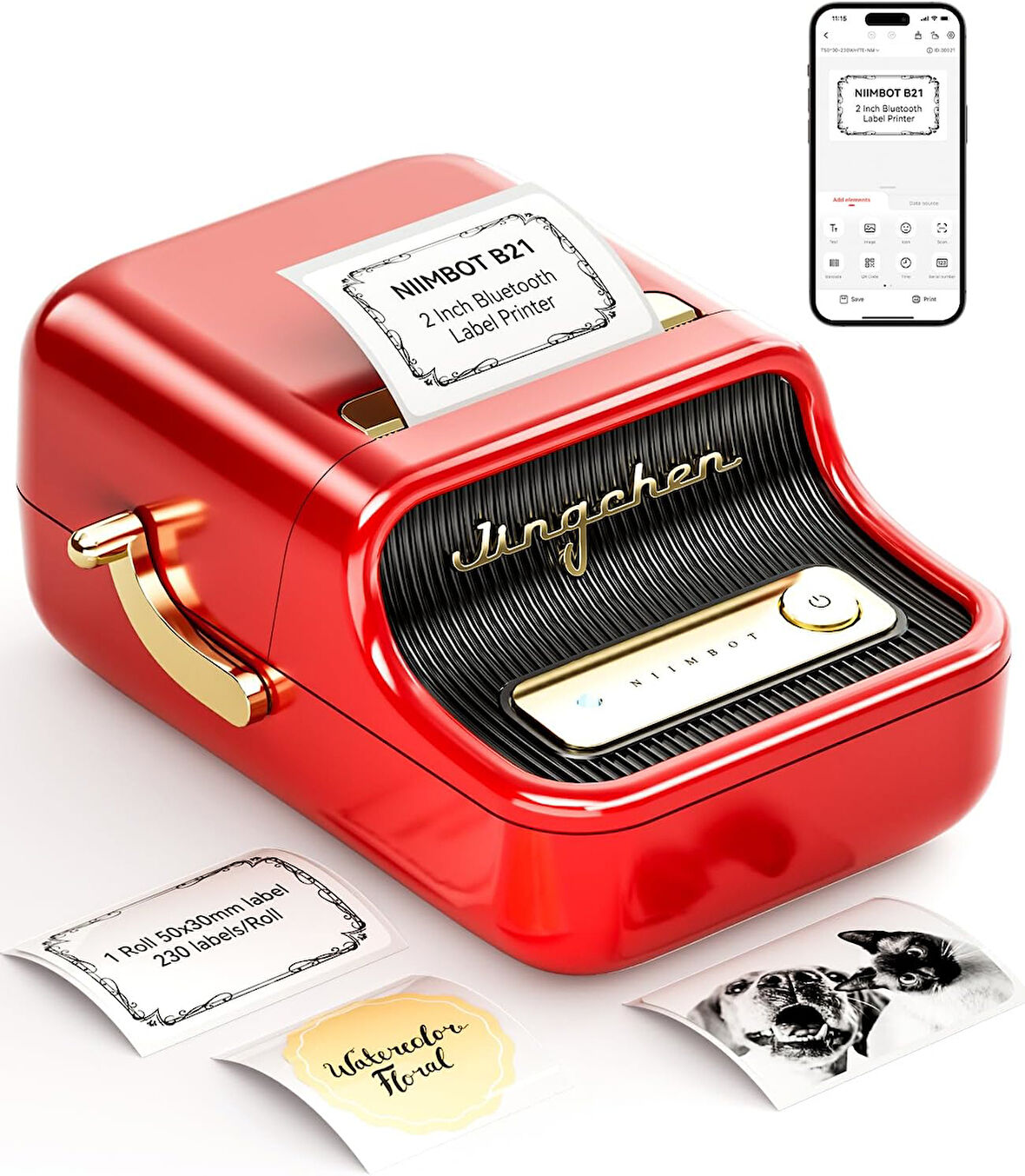 B21 Etiket Makinesi Mürekkepsiz Bluetooth Etiket Yazıcısı, Küçük İşletmeler için 2 İnç Taşınabilir Termal Yazıcı, Adres, Logo, Giyim, Posta, Mumlar, Takı, Hediye için Etiket Yazıcısı, Kırmızı