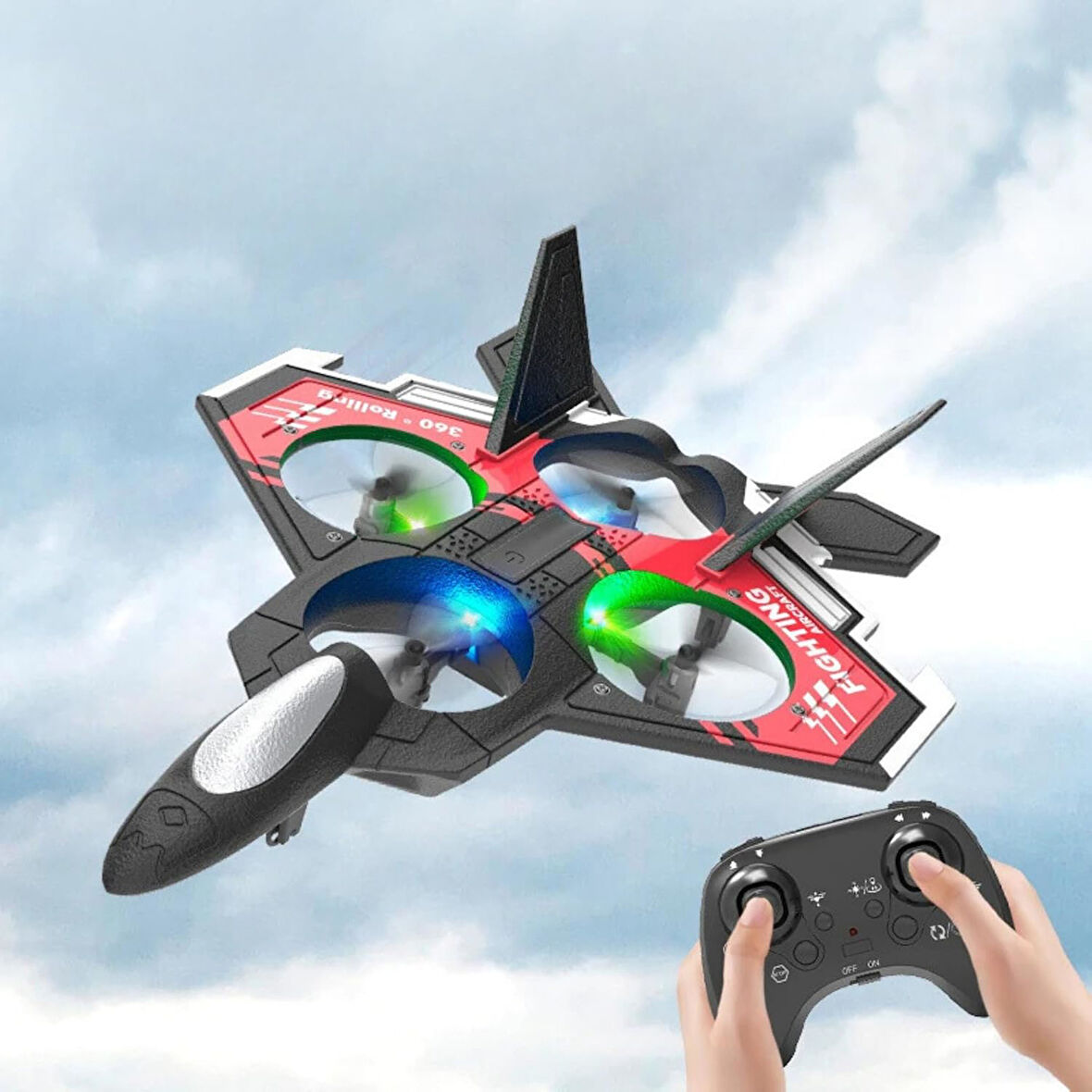 Gövde 2.4GHz Uzaktan Kumanda LED Işıklı Jet Uçak Drone Başlangıç Seviye Şarjlı 8 Dk Uçuş Süresi Kırılmaz Kamerasız İha Drone (Kırmızı)