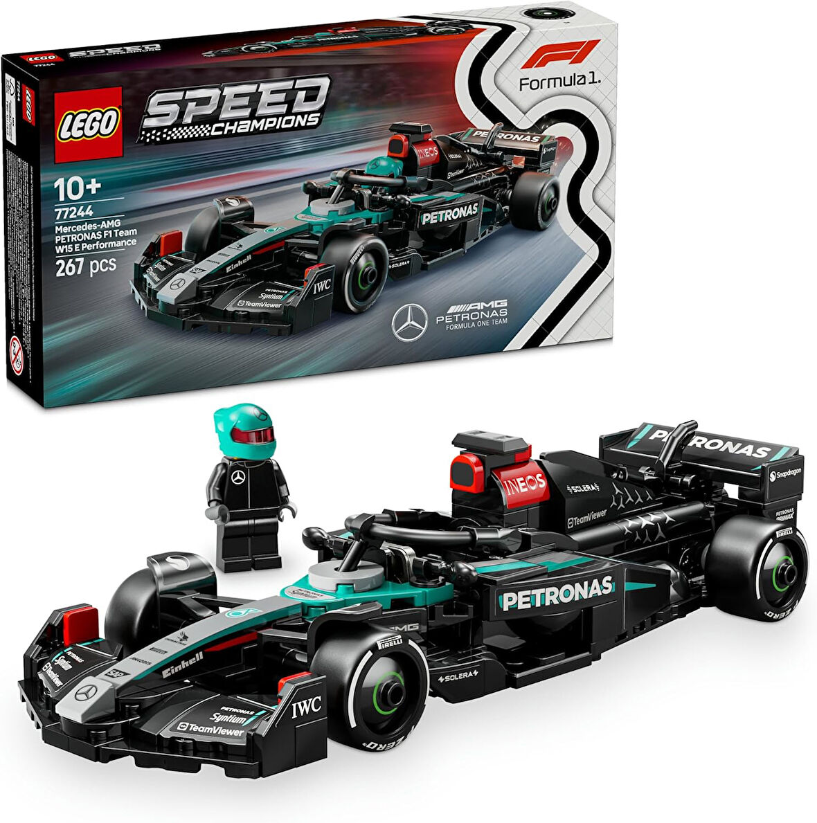Speed Champions Mercedes-AMG F1 W15 Yarış Arabası 77244 - 10 Yaş ve Üzeri Kız ve Erkek Çocukları için Koleksiyonluk Sürücü Minifigürü İçeren Yapım Seti ve Sergileme Seti (267 Parça)