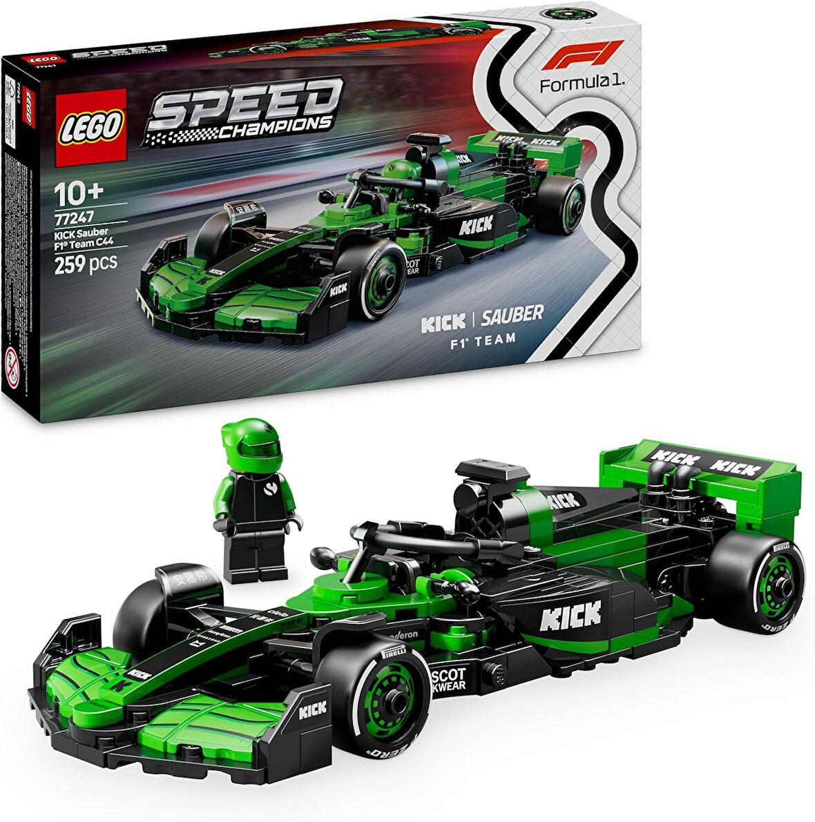 Speed Champions KICK Sauber F1 Team C44 Yarış Arabası 77247 - 10 Yaş ve Üzeri Kız ve Erkek Çocuklarıyla Motorseverler için Koleksiyonluk Sürücü Minifigürü İçeren Yapım Seti (259 Parça)