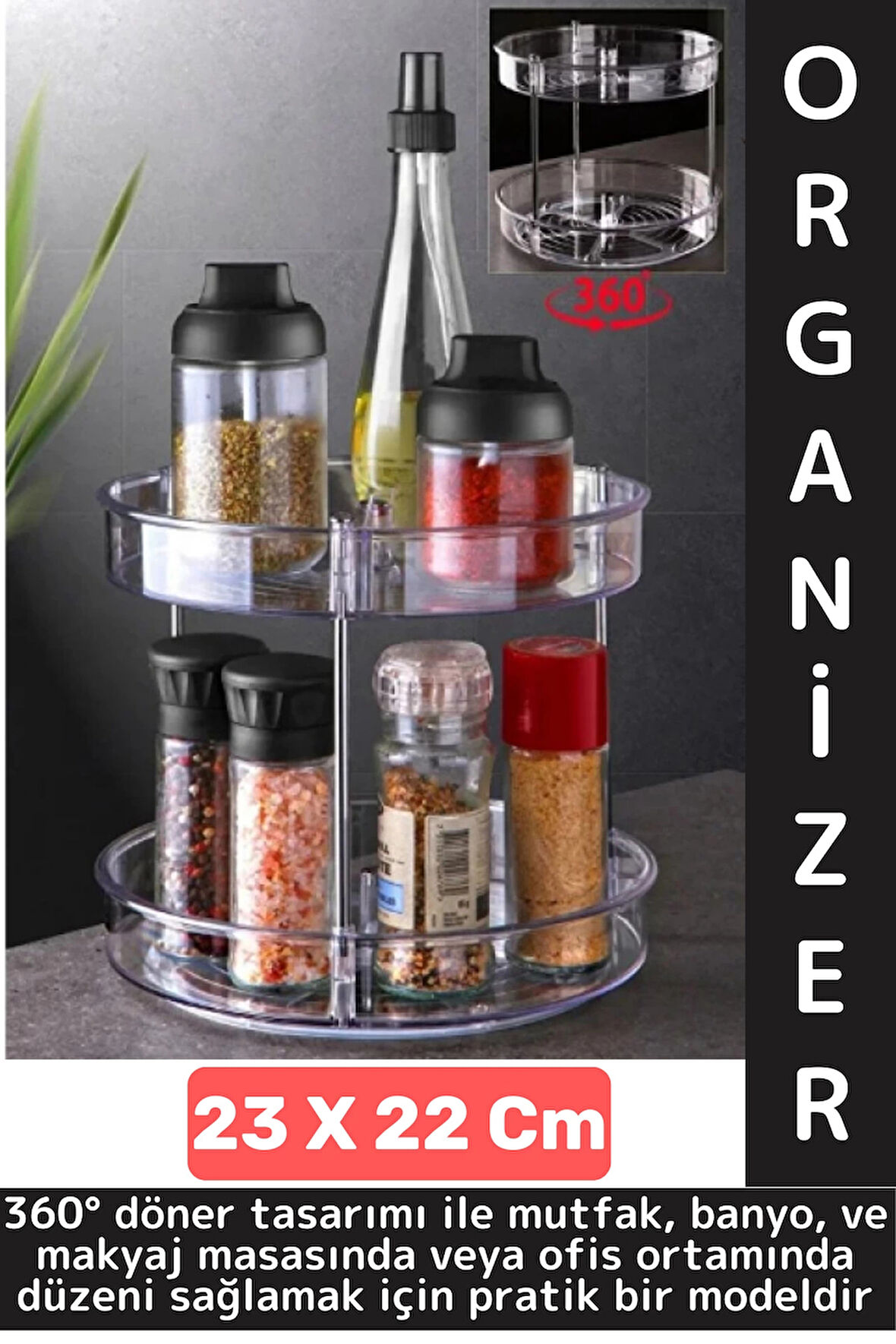 Dayanıklı Plastik Mutfak Baharat Banyo Takı Makyaj Ofis Çok Amaçlı Döner Tasarım İki Katlı Organizer