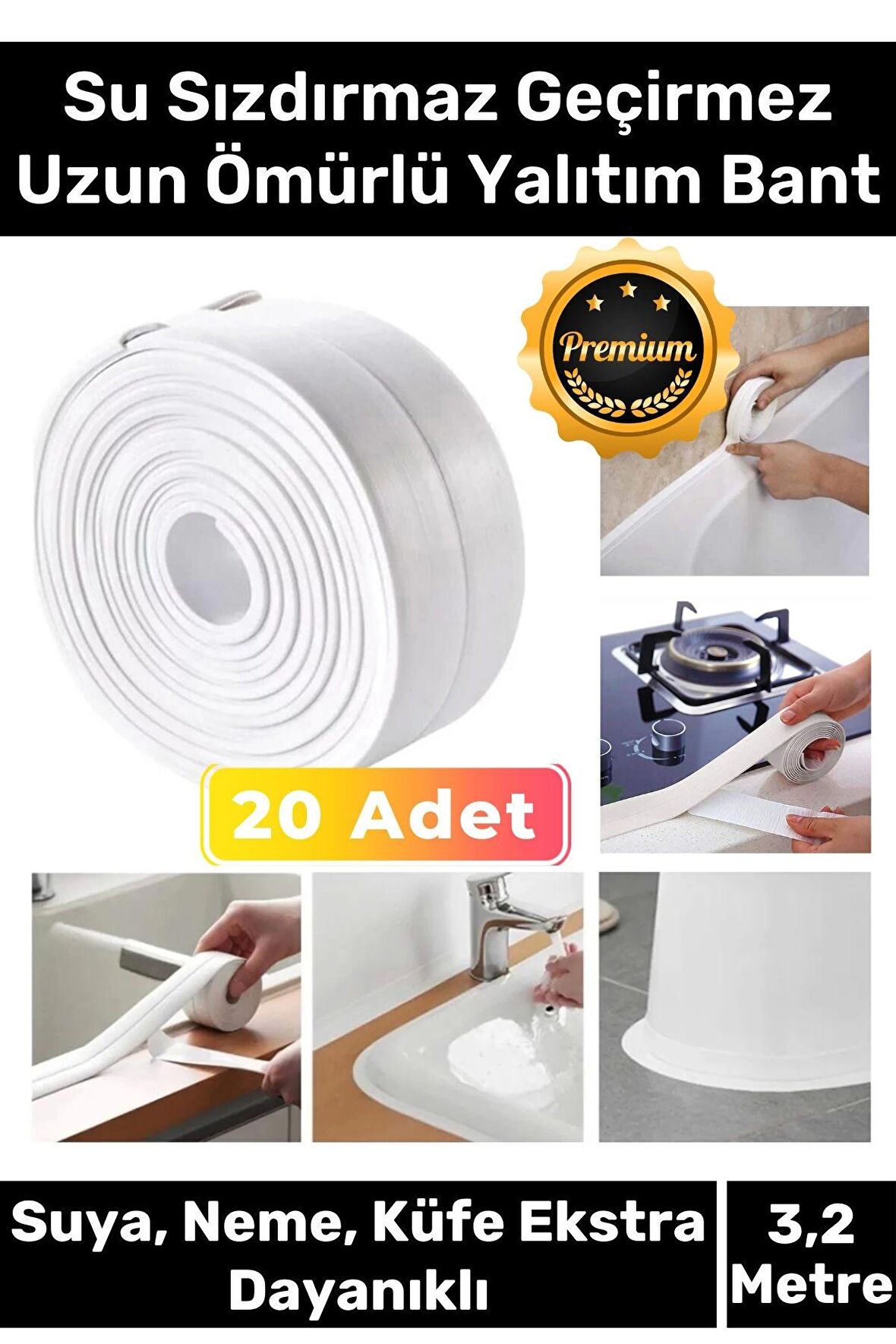 Premium Su Geçirmez Sızdırmaz Dayanıklı Lavabo Pvc Kenar Küf Önleyici 3.2m 20 Adet İzolasyon Bant