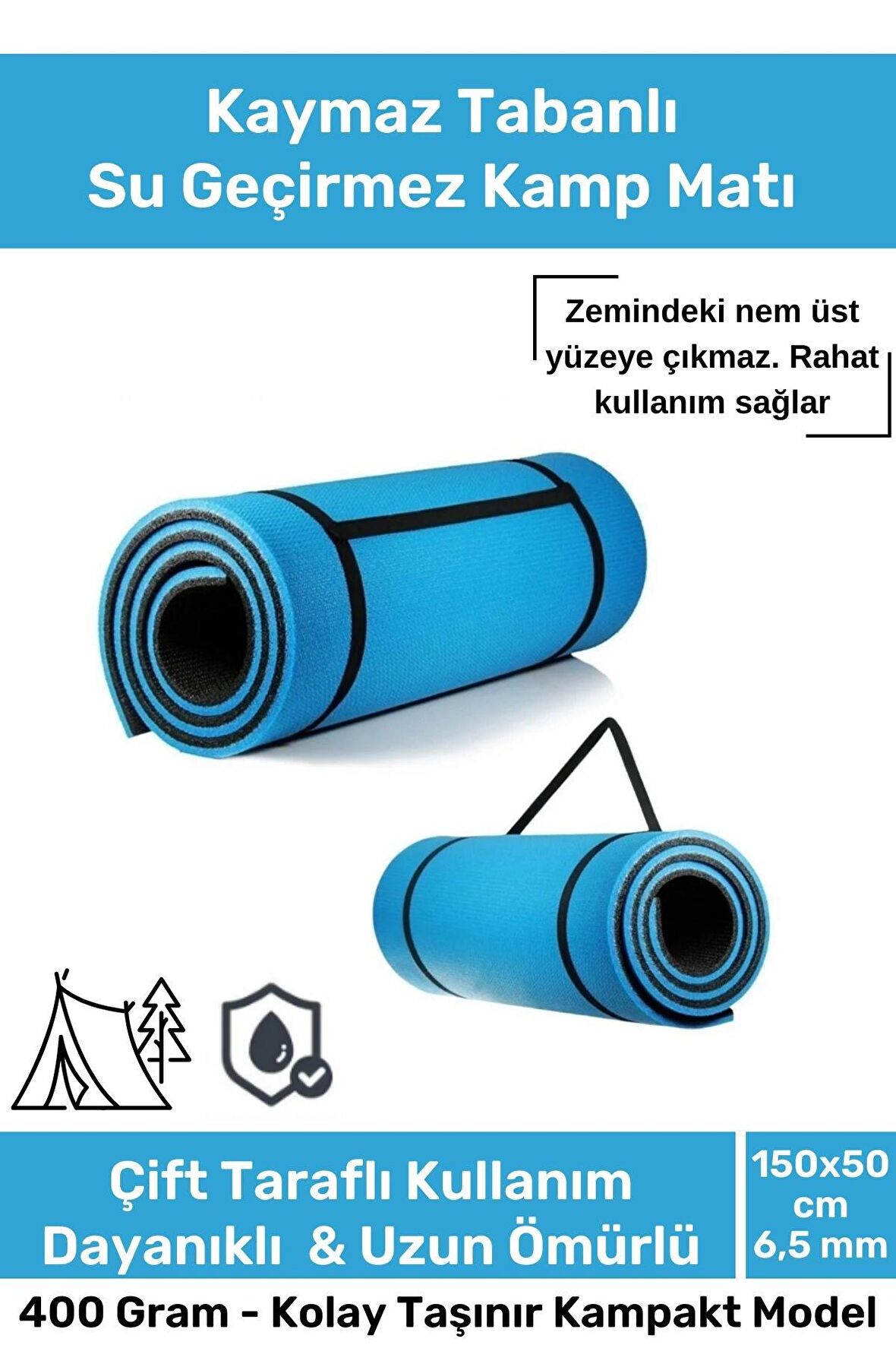 Premium Su Geçirmez Konforlu Taşıma Askılı Çift Taraflı Zemin Çadır Uyku Kamp Matı Yer Minderi 6,5mm