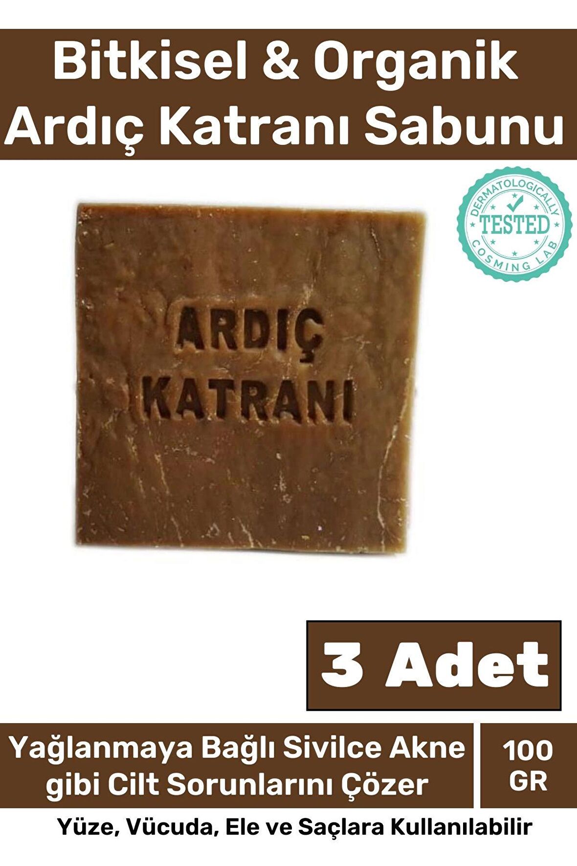 %100 Doğal Bitkisel El Yüz Vücut Saç Cilt Orijinal Vegan 3'lü Ardıç Katranı Sabunu