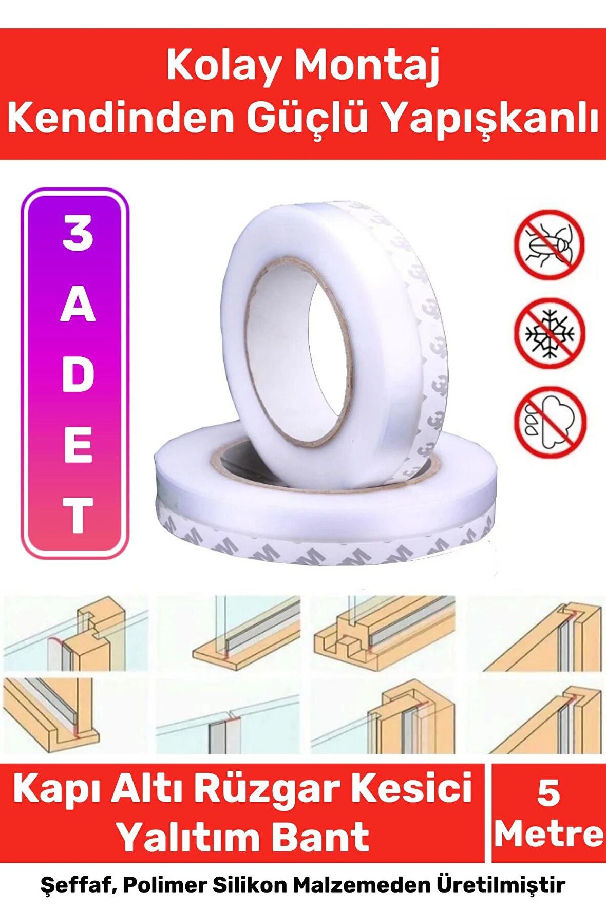 Rüzgar Kesici Ses Böcek Toz Önleyici Yalıtım Kapı Pencere Isı Izolasyon Şeffaf Şerit Bant 5mt 3 Adet