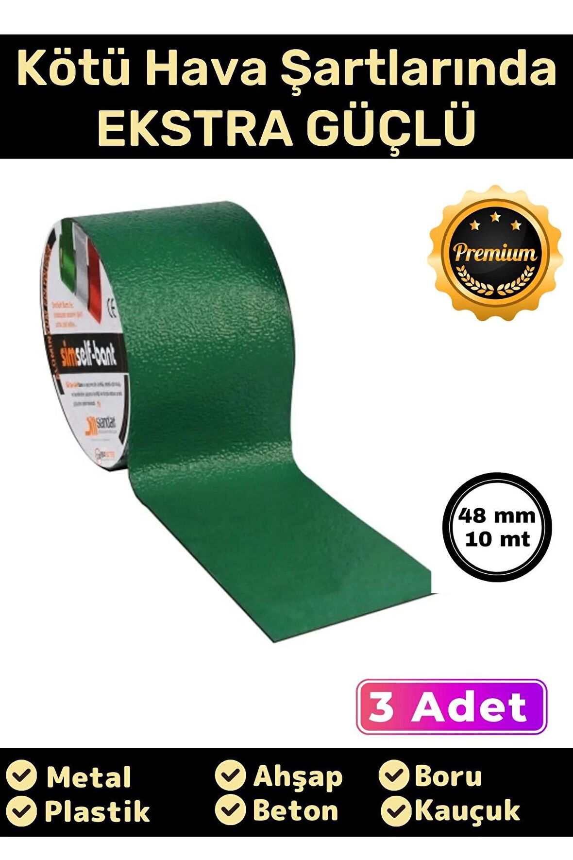 Süper Güçlü Su Geçirmez Sızdırmaz Yeşil Renk Çok Amaçlı Tamir ve İzolasyon Bandı 48mm x 10m - 3 Adet