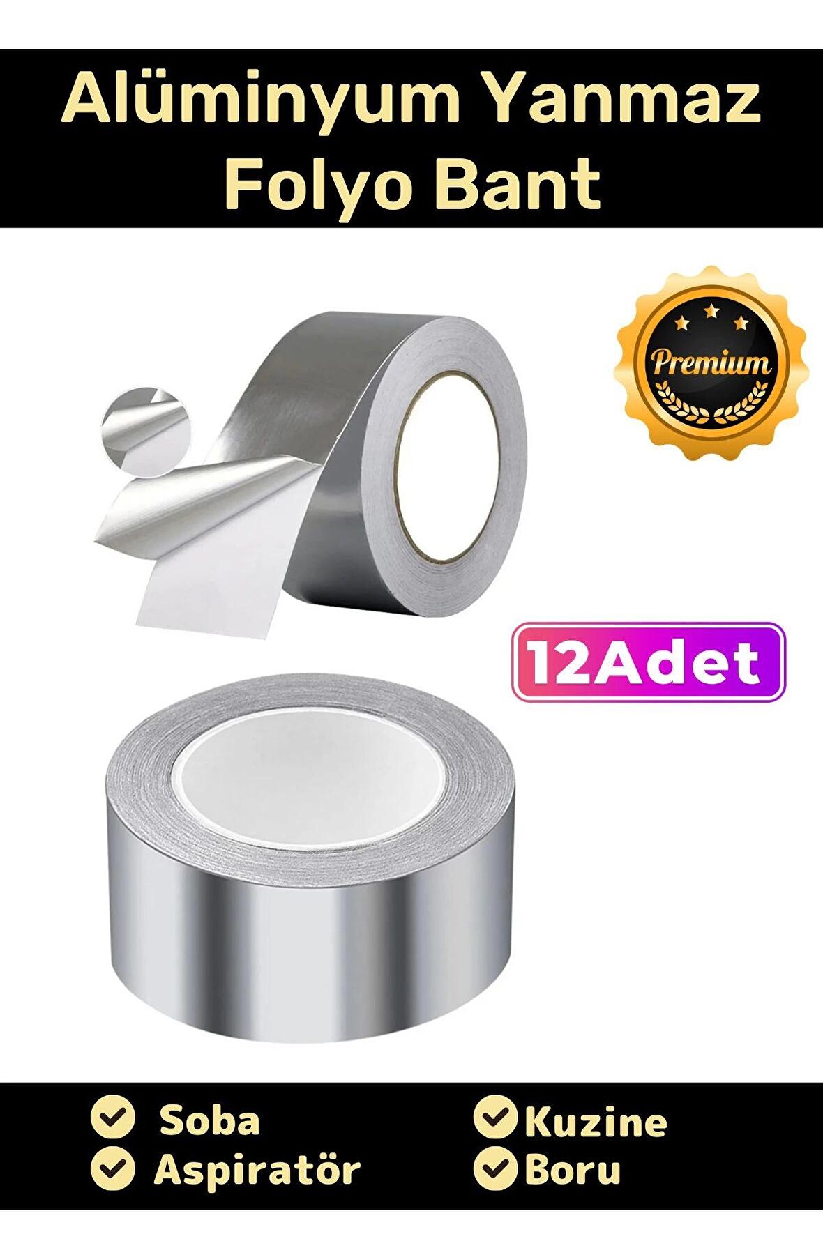 Özel Suya Sıcaklığa Dayanıklı Tamir Soba Boru Yama Alüminyum Yanmaz Folyo Bant 45mm - 5mt - 12 Adet