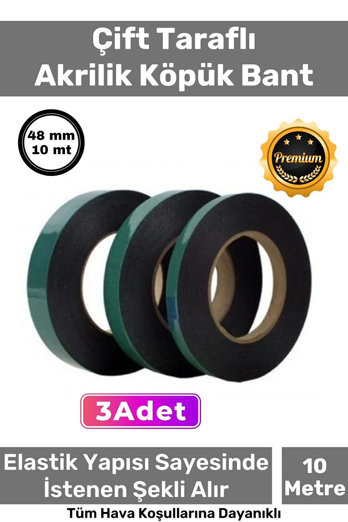 Süper Güçlü İz Bırakmayan Elastik Yapılı Çift Taraflı 48mm - 10 Metre Akrilik Köpük Bant - 3 Adet