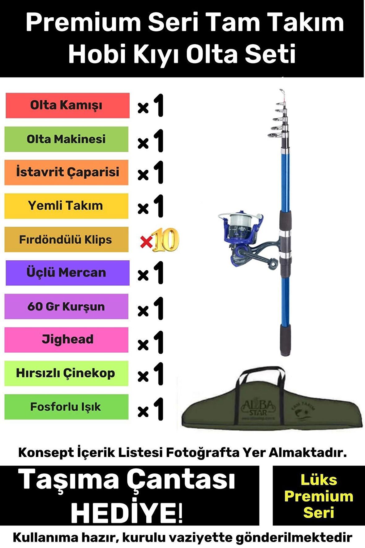 Özel Üretim Şık Taşıma Çantalı Hazır Kurulu Balık Tam Takım Hobi Kıyı Olta Seti - 3m Kamış Hediyeli