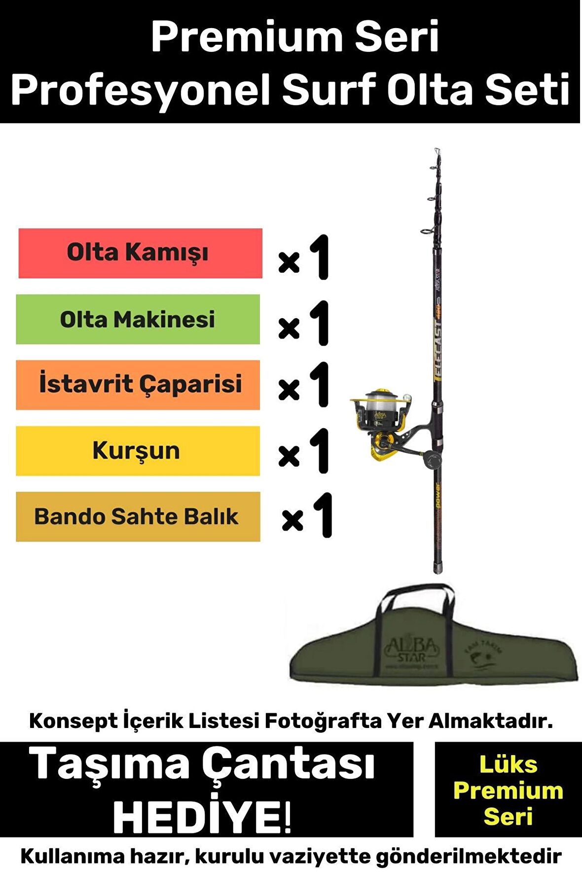 Özel Üretim Şık Taşıma Çantalı Hazır Kurulu Tam Takım Profesyonel Surf Olta Seti - 3m Kamış Hediyeli