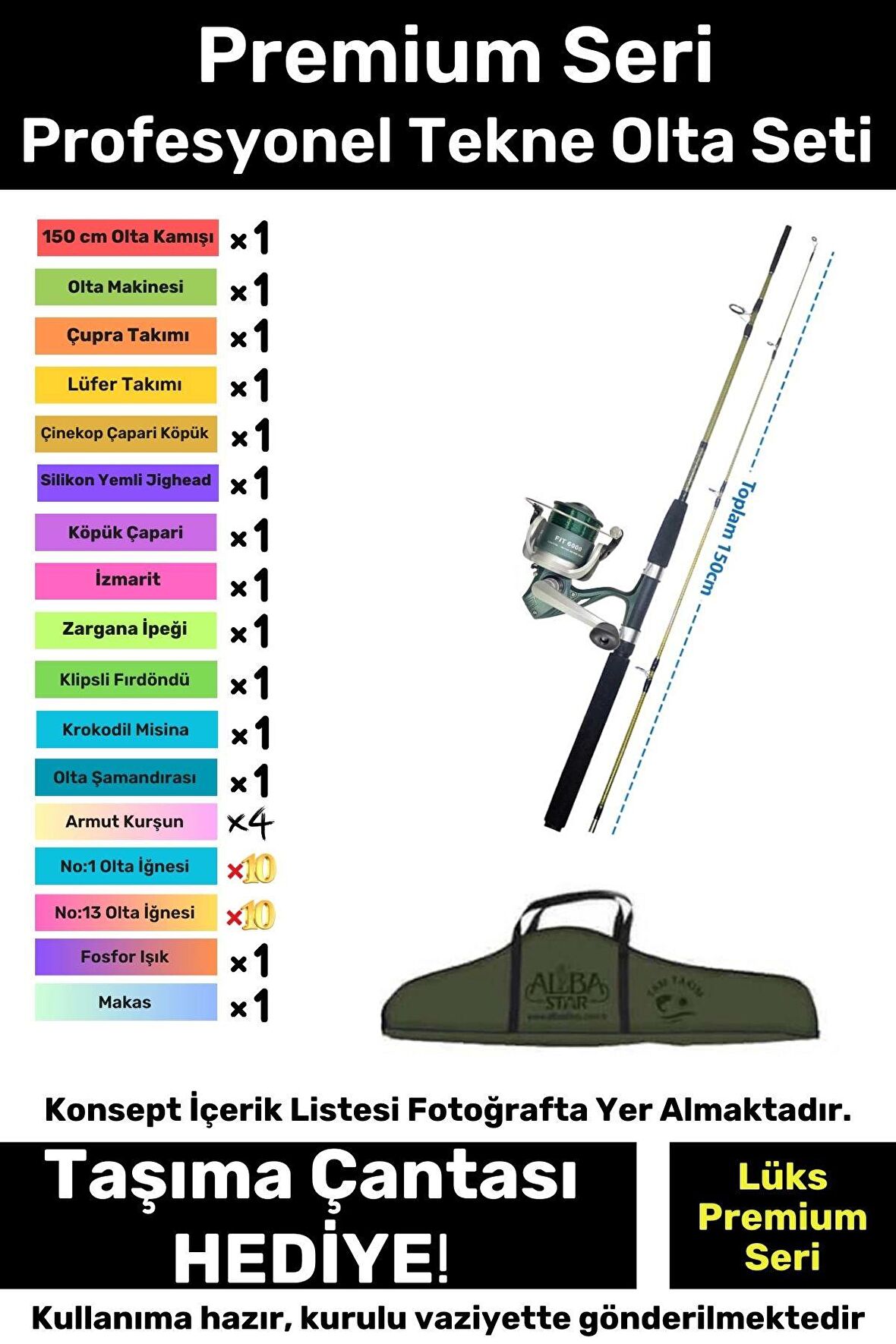 Özel Üretim Taşıma Çantalı Hazır Kurulu Tam Takım Profesyonel Tekne Olta Seti - 3m Kamış Hediyeli