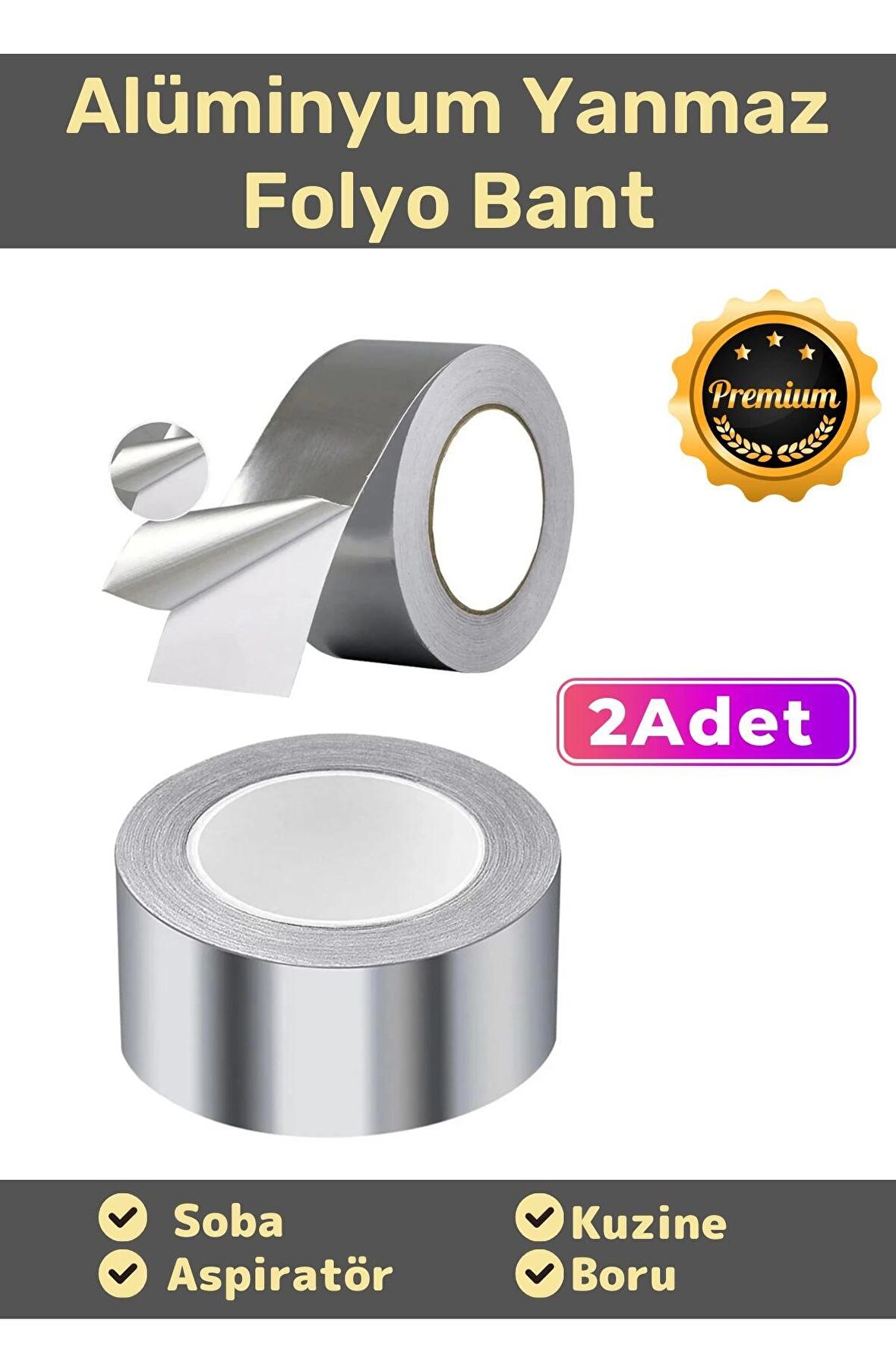 Özel Suya Sıcaklığa Dayanıklı Tamir Soba Boru Yama Alüminyum Yanmaz Folyo Bant 44mm 10mt - 2 Adet