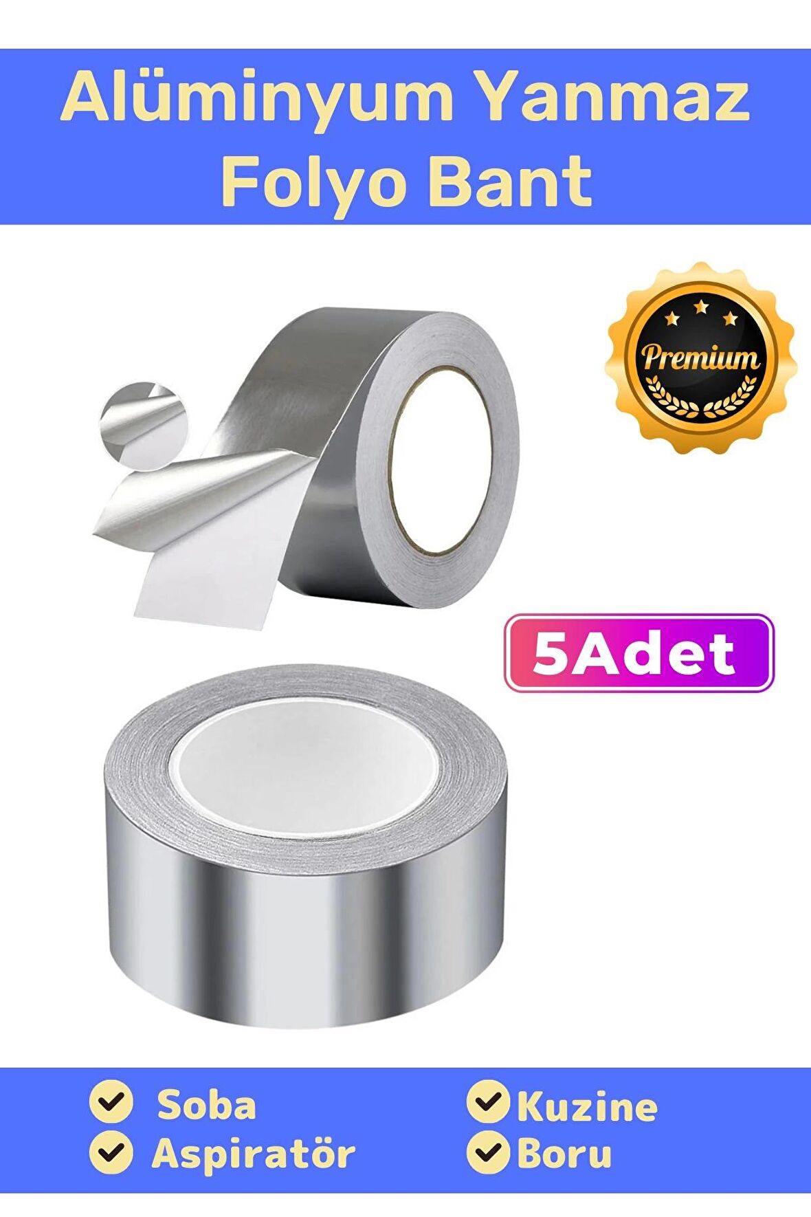 Özel Suya Sıcaklığa Dayanıklı Tamir Soba Boru Yama Alüminyum Yanmaz Folyo Bant 44mm 20mt - 5 Adet