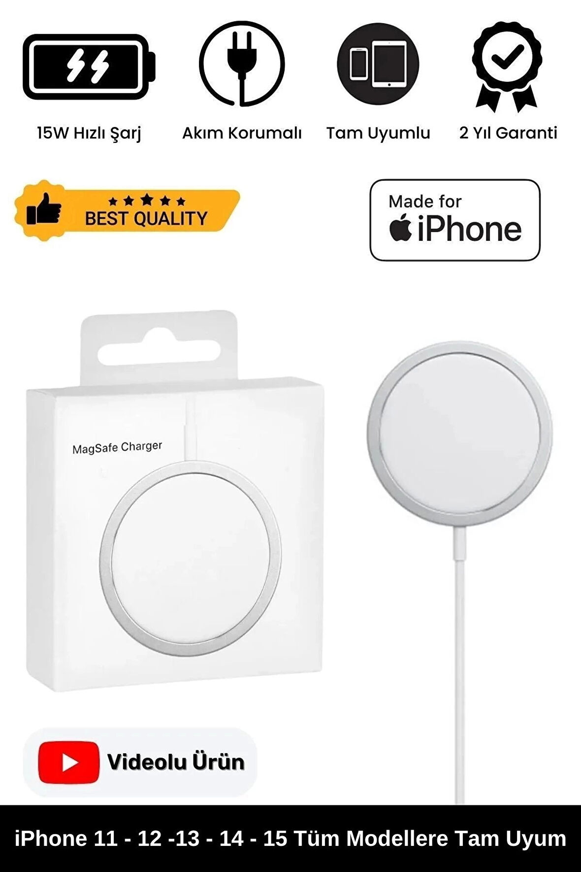 iPhone 11 12 13 14 15Uyumlu Magsafe Kablosuz Hızlı Şarj Aleti Tam Uyumlu Wireless Charger Adaptörü