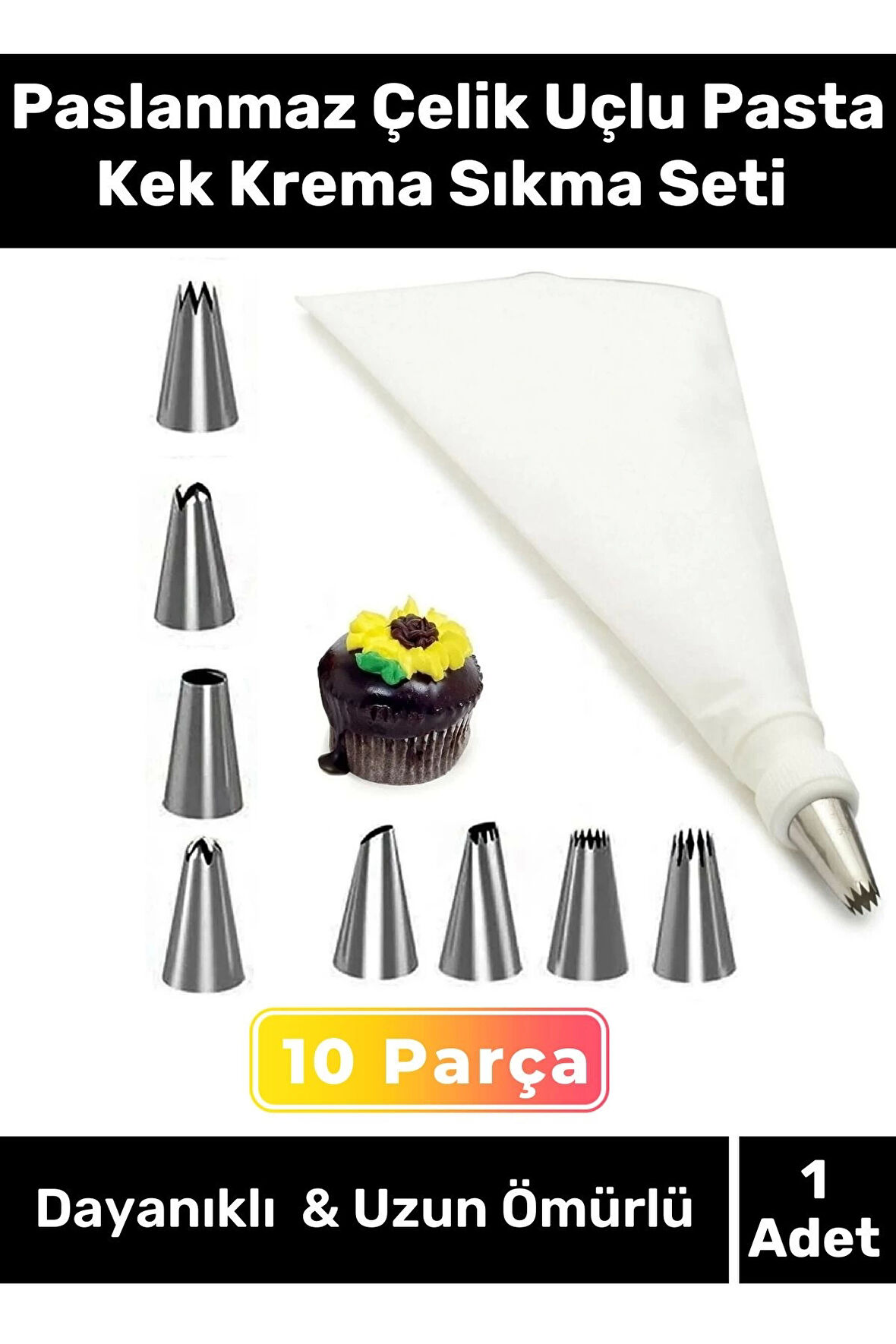 Premium Seri Paslanmaz Çelik Uçlu Pasta Kek Süsleme Torbası Krema Sıkma Seti 10 Parça