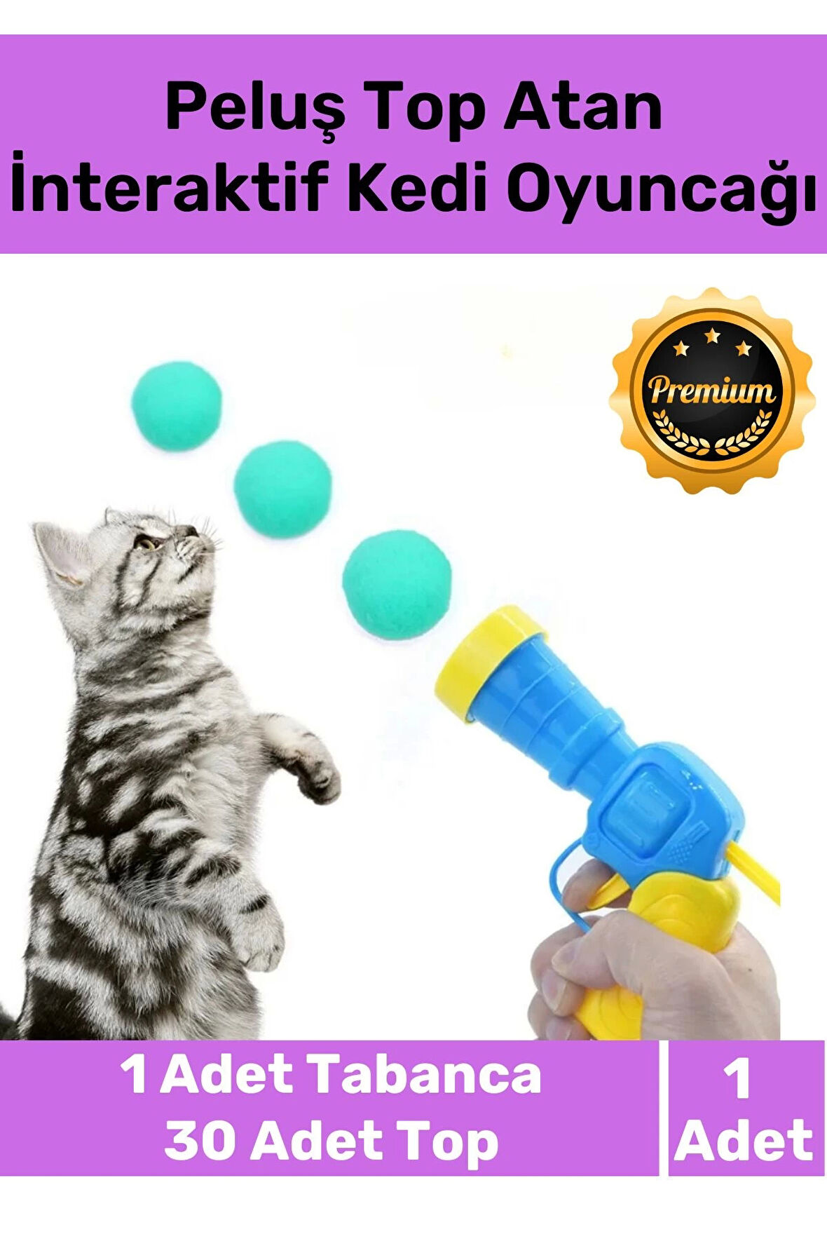 Premium Seri Evcil Hayvan Tabancalı Hareketli 30 Peluş Toplu Top Atan İnteraktif Kedi Oyuncağı Seti