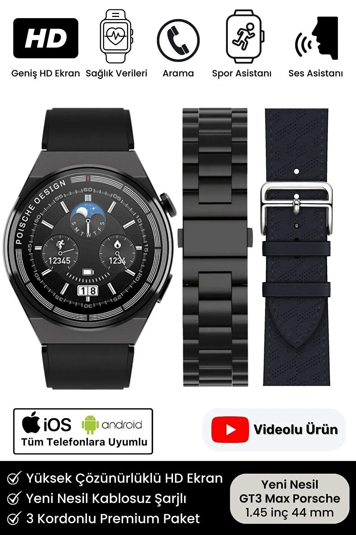 Premium Full HD Ios Android Uyumlu GT3 Max Spor Sağlık Sensörlü Watch 3 Kordonlu Akıllı Saat