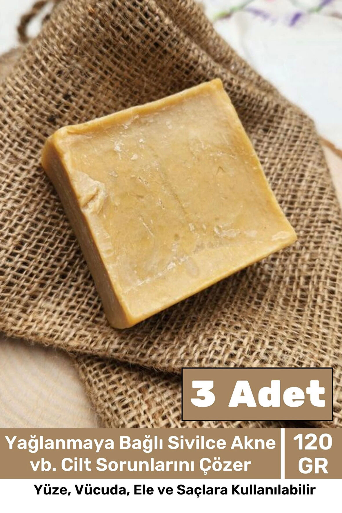 %100 Doğal Güzel Kokulu El Yüz Saç Vücut Cilt Orijinal Bitkisel Mardin Bıttım Sabunu 120G - 3 Adet