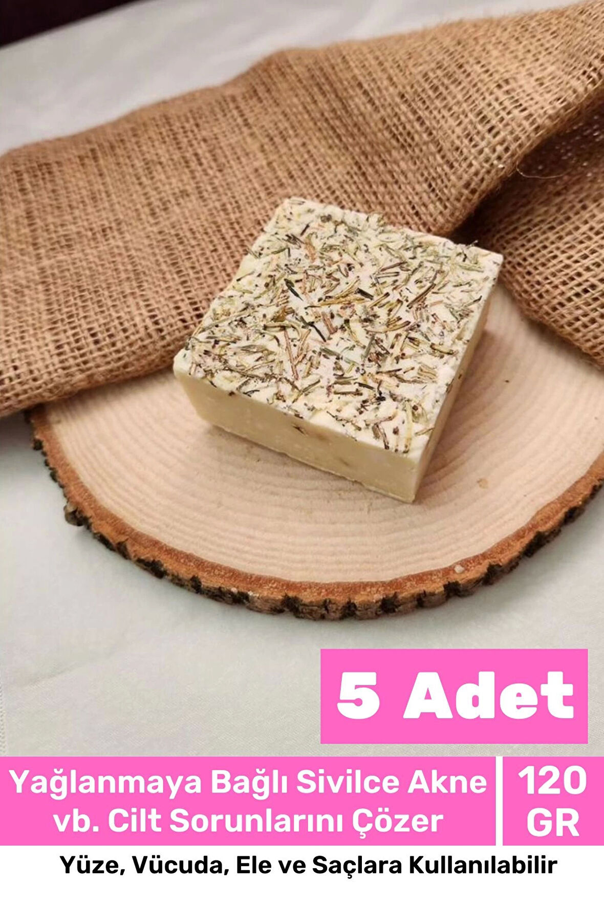 Lüks %100 Doğal Güzel Kokulu El Yüz Saç Vücut Cilt Orijinal Bitkisel Biberiye Sabunu 120G - 5 Adet