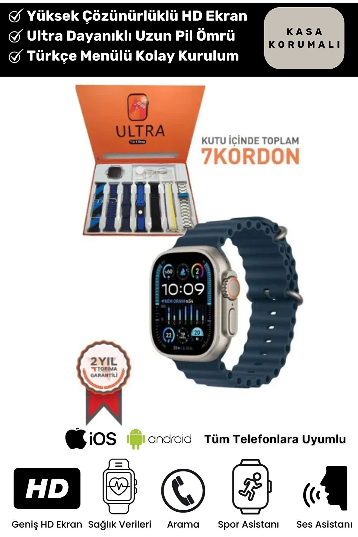 Ultra 7 in 1 Strap Bluetooth Arama Yanıtlama Bildirim Kasa Koruma Akıllı Saat + 7 Renkli Kordon