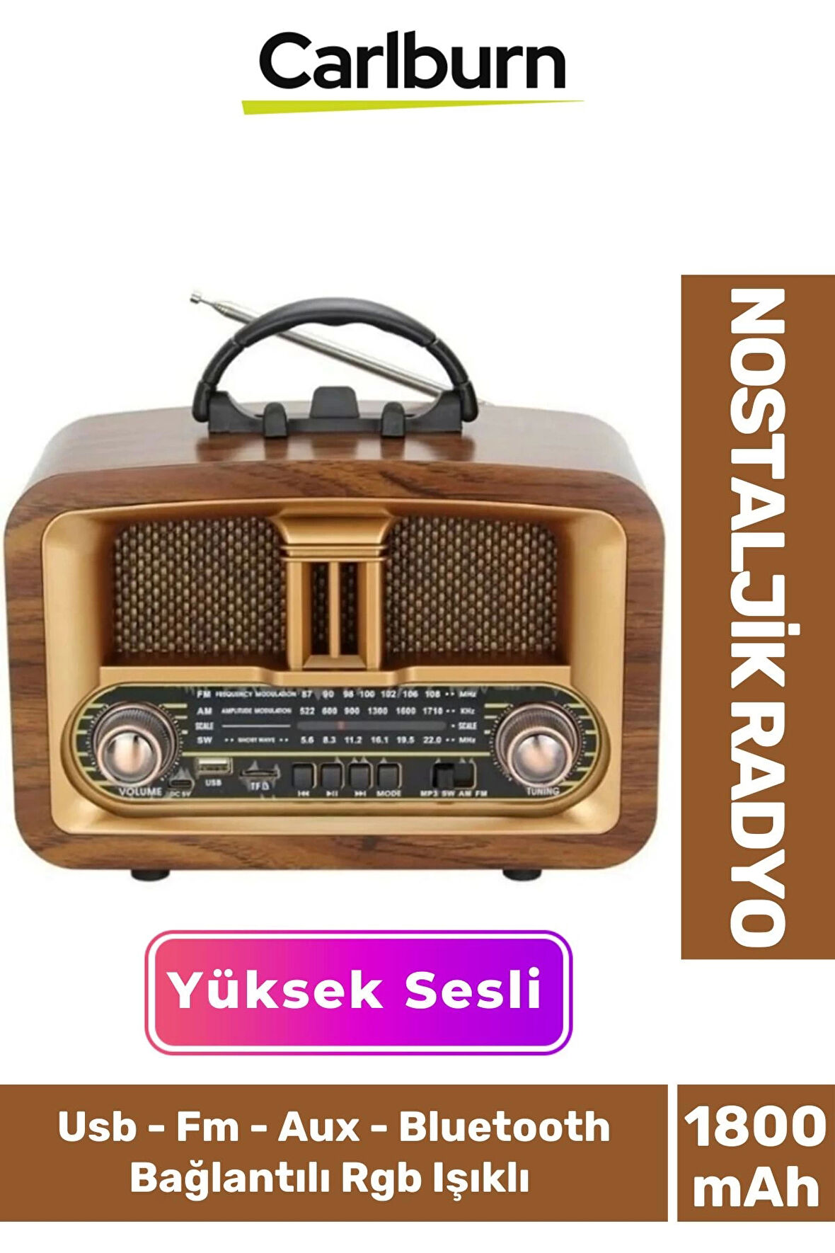 Kaliteli Yüksek Sesli Retro Şık Ahşap Bluetooth Bağlantılı Fm Usb Tf Aux Şarjlı Nostaljik Radyo