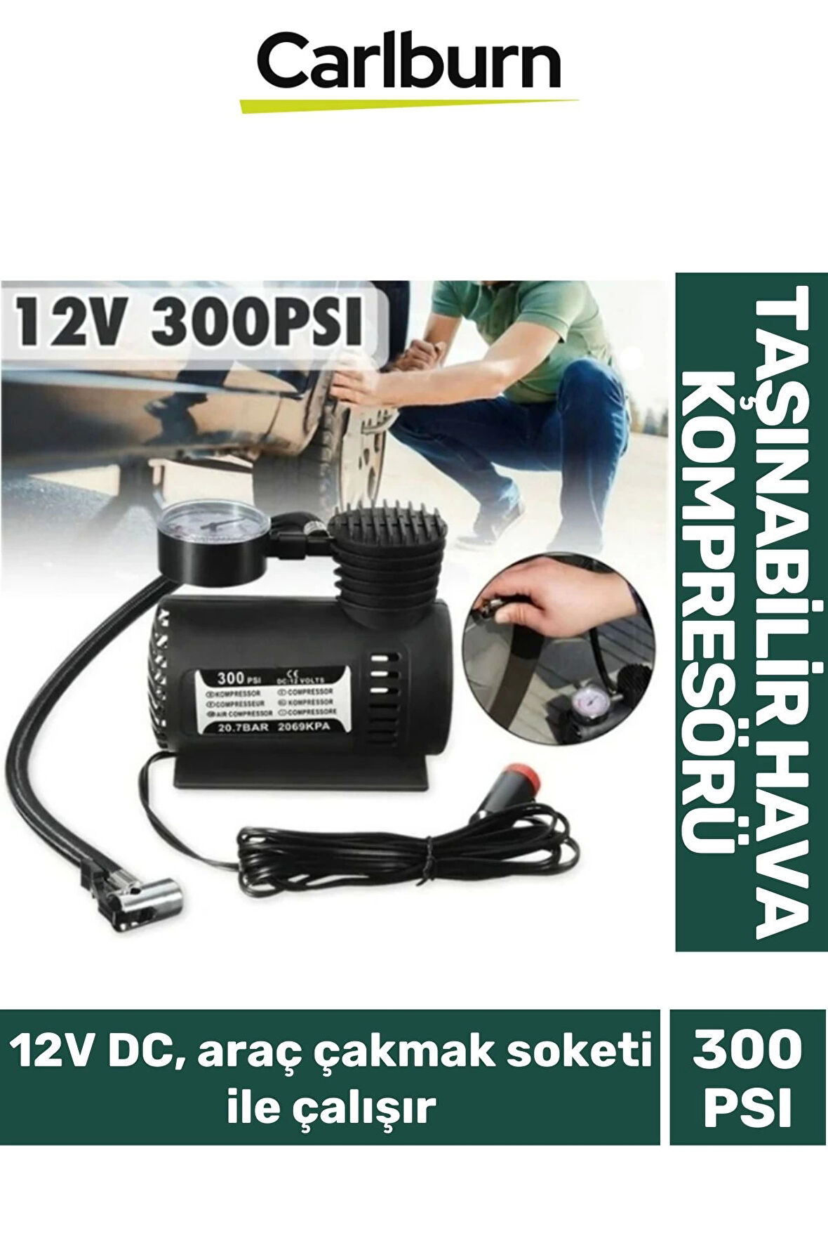 10 Litre Hava Hacimli Araç Çakmak Soketi İle Çalışan Lastik 12V 300 PSI Taşınabilir Hava Kompresörü