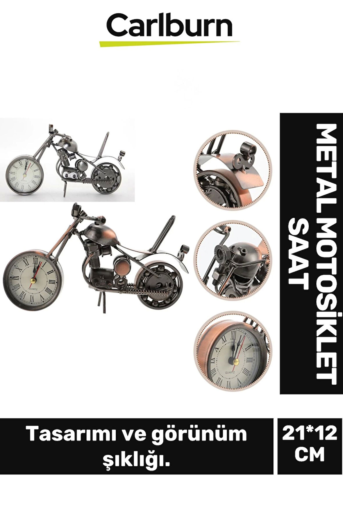 Özel Üretim Vintage Nostaljik Şık Dekoratif Alarmlı Pilli Kaliteli Metal Masa Motosiklet Saat