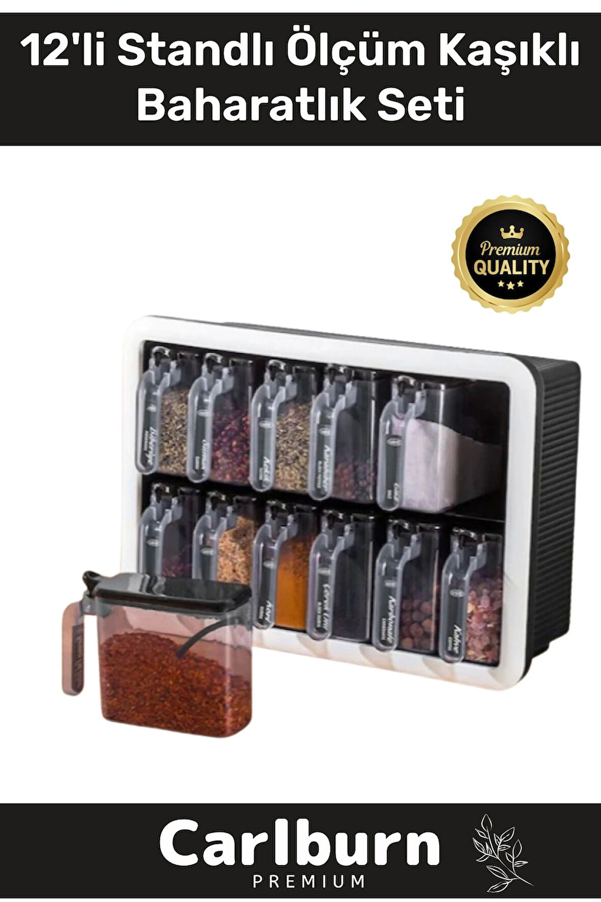 Premium Modern Pratik Bölmeki Şeffaf Mutfak Tezgah 12li Standlı Ölçü Kaşıklı Plastik Baharatlık Seti