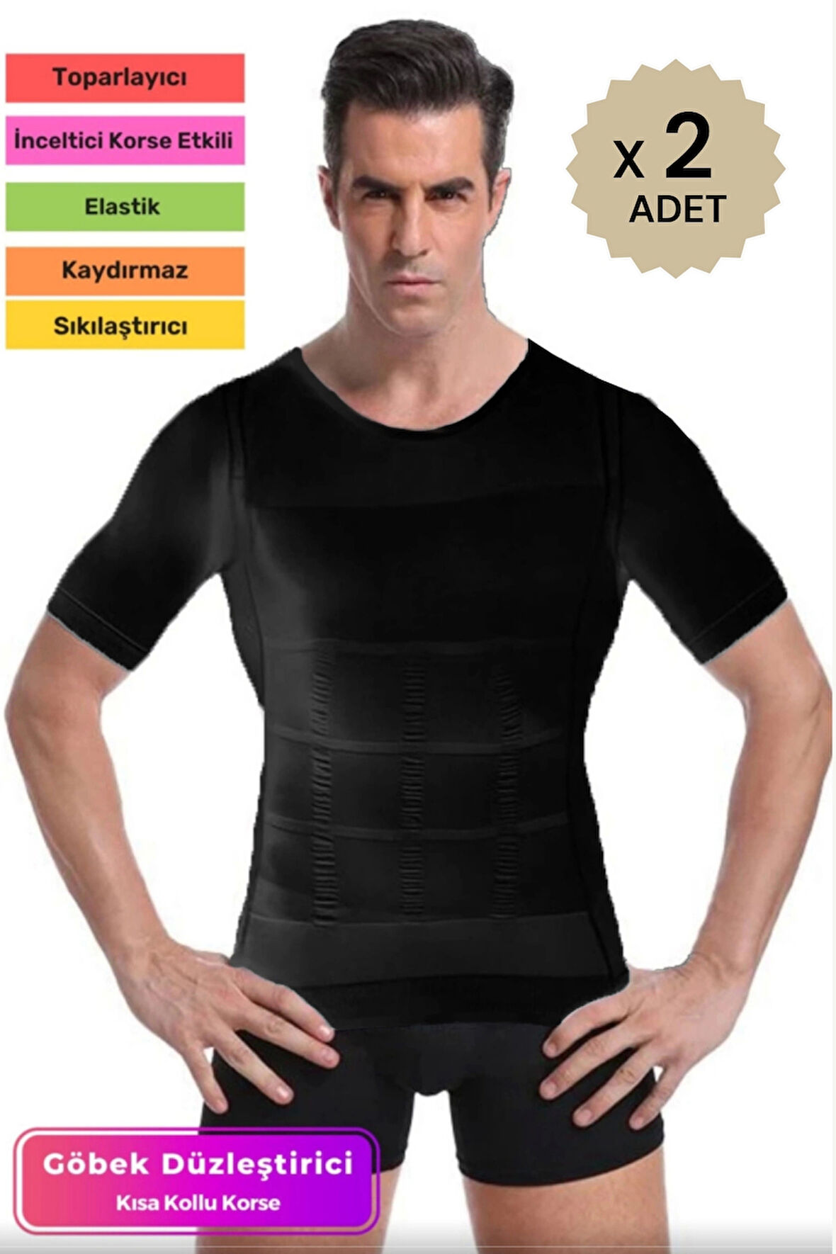 Bel Göğüs Dik Duruş Jinekomasti Toparlayıcı Erkek Göbek Sıkılaştırıcı Kısa Kol Korse Atlet - 2 Adet