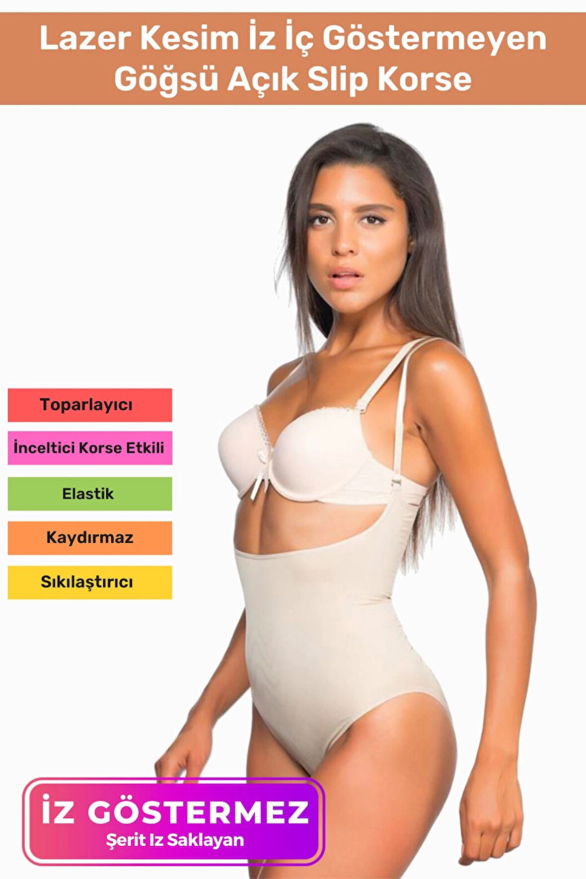 Özel Üretim Lazer Kesim İz Göstermeyen Kaymaz Toparlayıcı Vücut Şekillendirici Göğsü Açık Slip Korse