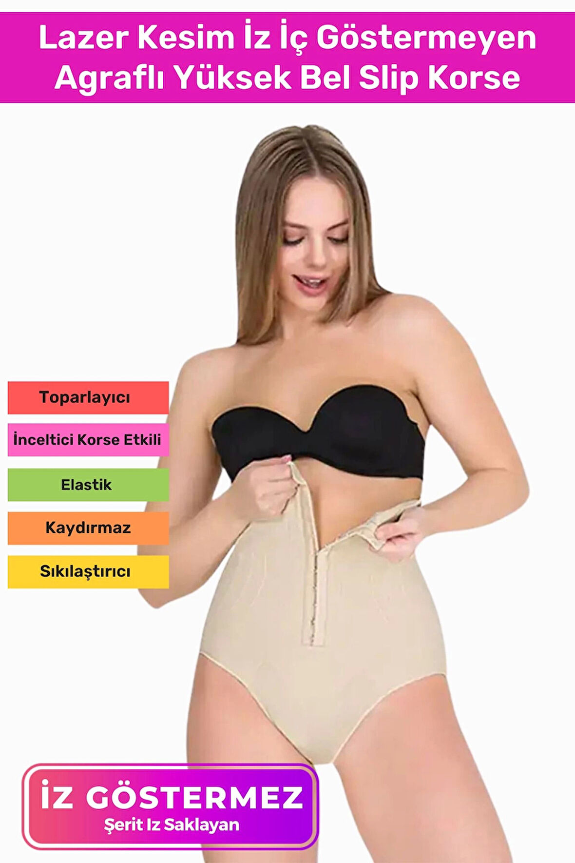 Premium Kaymaz Vücut Şekillendiren Toparlayıcı Sıkılaştırıcı Çıtçıtlı Agraflı Yüksek Bel Slip Korse