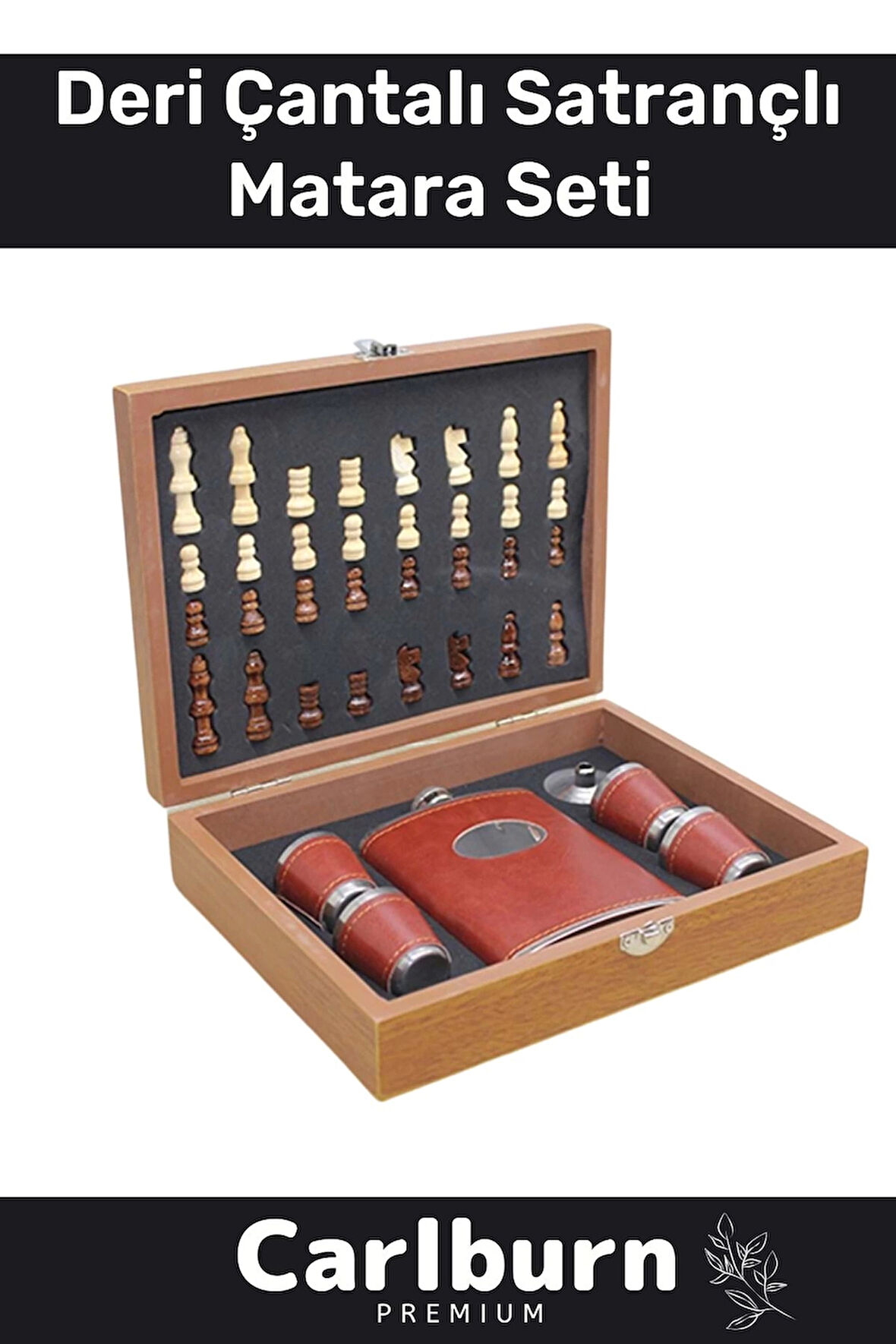 Premium Paslanmaz Çelik 8.Oz 4 Shot Bardaklı Ahşap Kutulu Satrançlı Alkol Deri Matara Seti 24*18 Cm