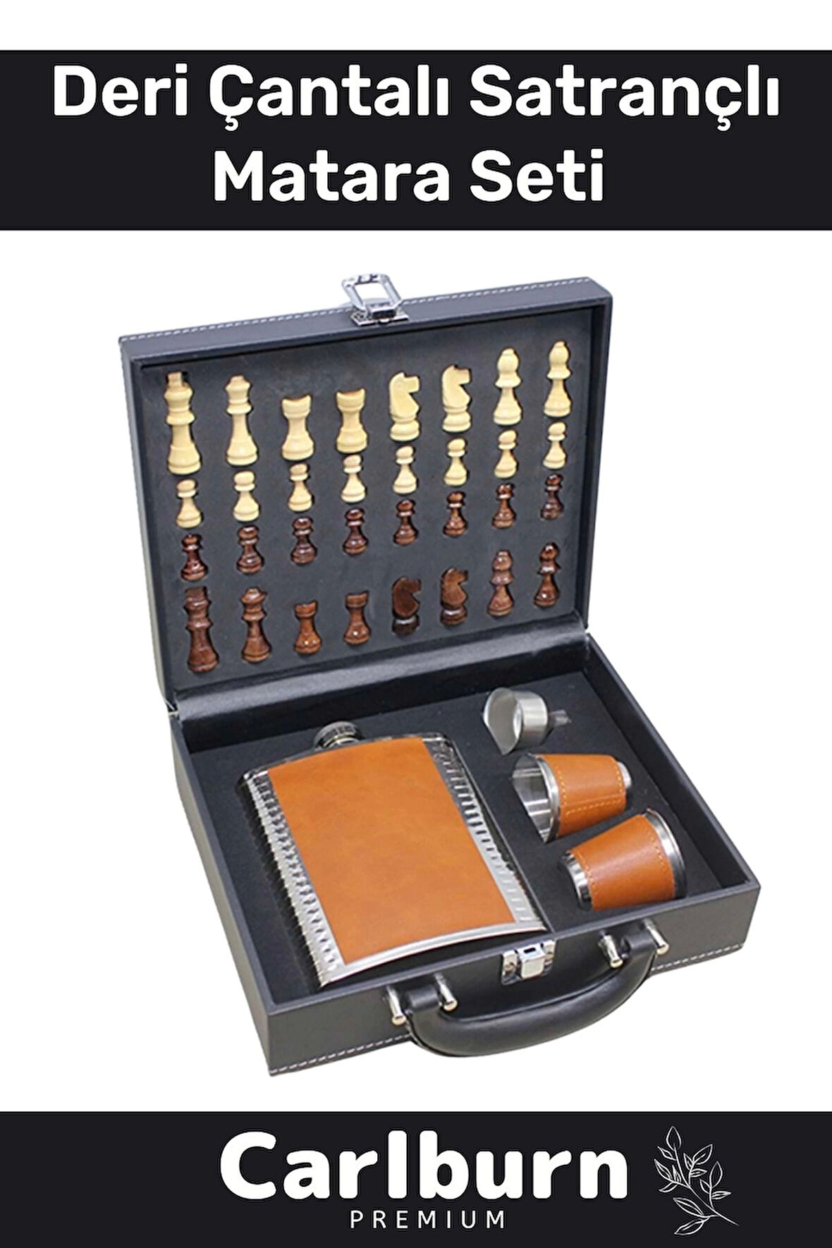 Premium Paslanmaz Çelik 8.Oz 4 Shot Bardaklı Ahşap Kutulu Satrançlı Alkol Deri Matara Seti 17*13 Cm