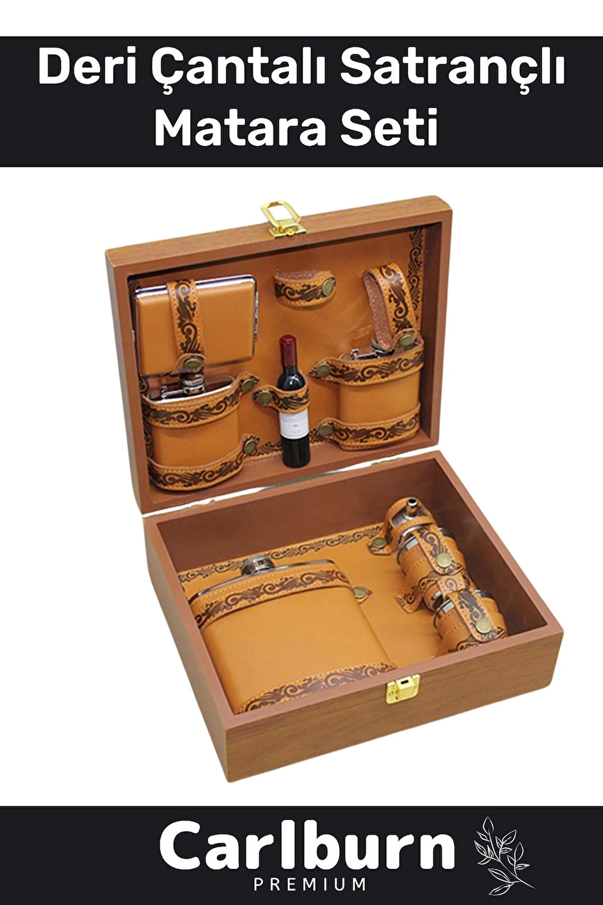 Premium Paslanmaz Çelik 8.Oz 4 Shot Bardaklı Ahşap Kutulu Satrançlı Alkol Deri Matara Seti 17*13 Cm