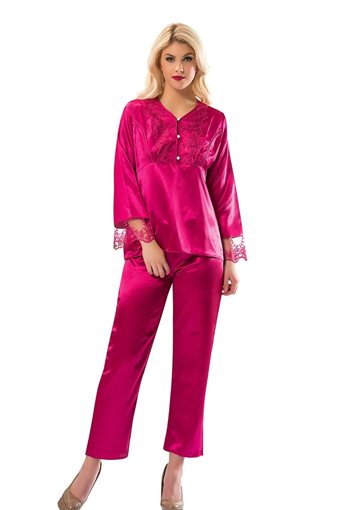 Yeni Sezon Rahat Çeyizlik Kadın Büyüleyici Şık Zarif Fuşya Saten Pijama Takımı