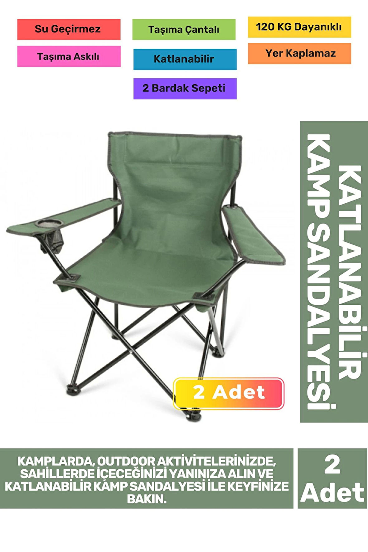 Su Geçirmez 120 Kg Dayanıklı Çantalı Katlanabilir Taşıma Askılı Balık Piknik Kamp Sandalye 2'li Set
