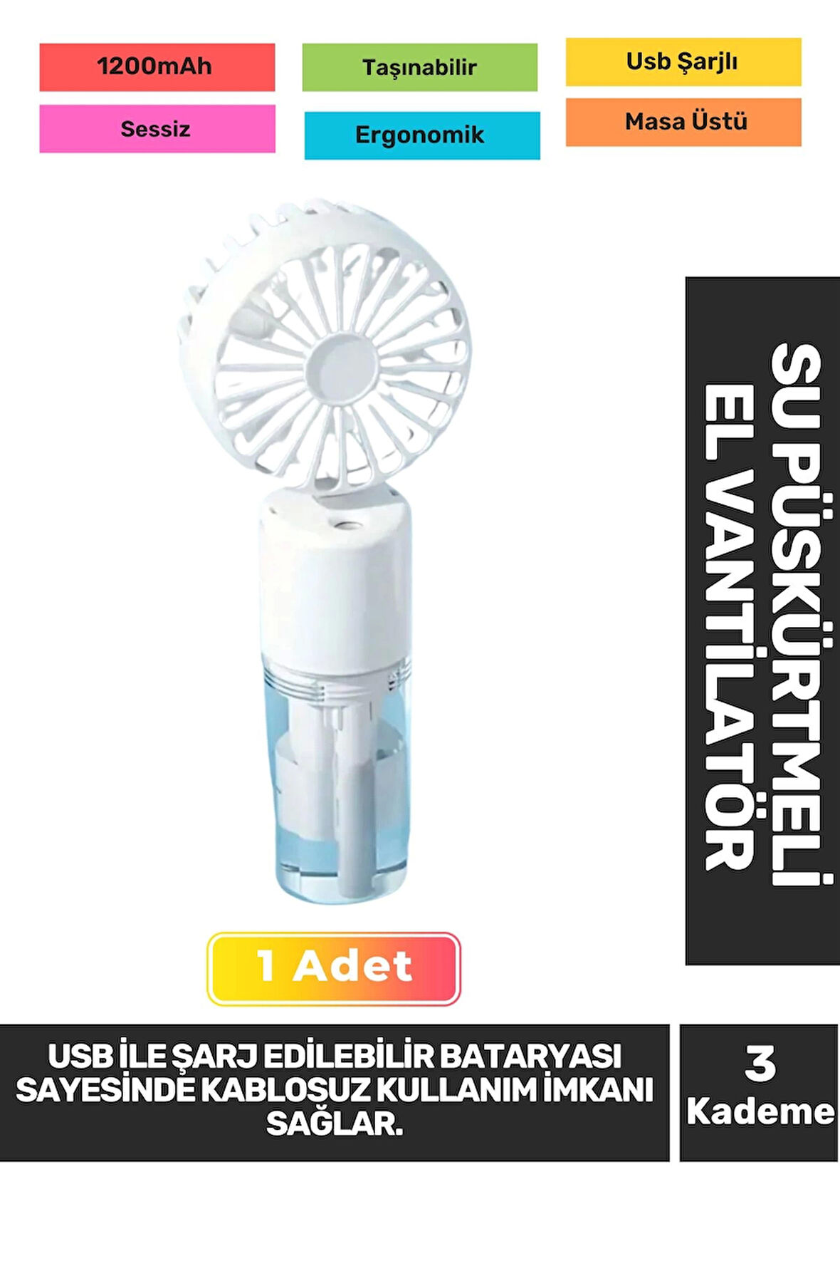 Sessiz 3 Kademeli Hafif Kablosuz Su Püskürtmeli Taşınabilir Usb Şarjlı Masa El Fanı Vantilatör