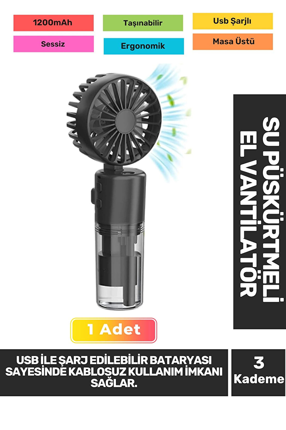 Sessiz 3 Kademeli Hafif Kablosuz Su Püskürtmeli Taşınabilir Usb Şarjlı Masa El Fanı Vantilatör