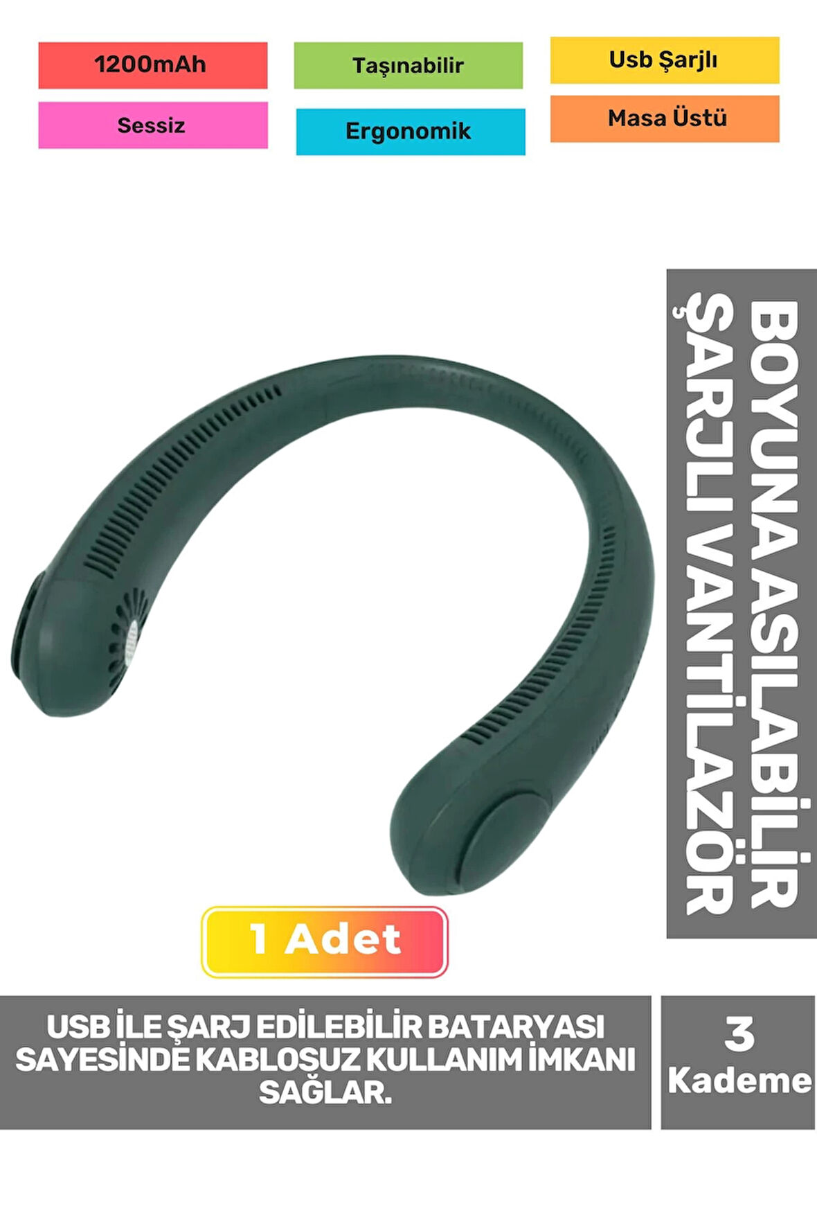 Premium Sessiz Sarı Eller Serbest Boyuna Asılabilir Şarjlı 3 Kademeli Vantilatör Klima Soğutucu Fan