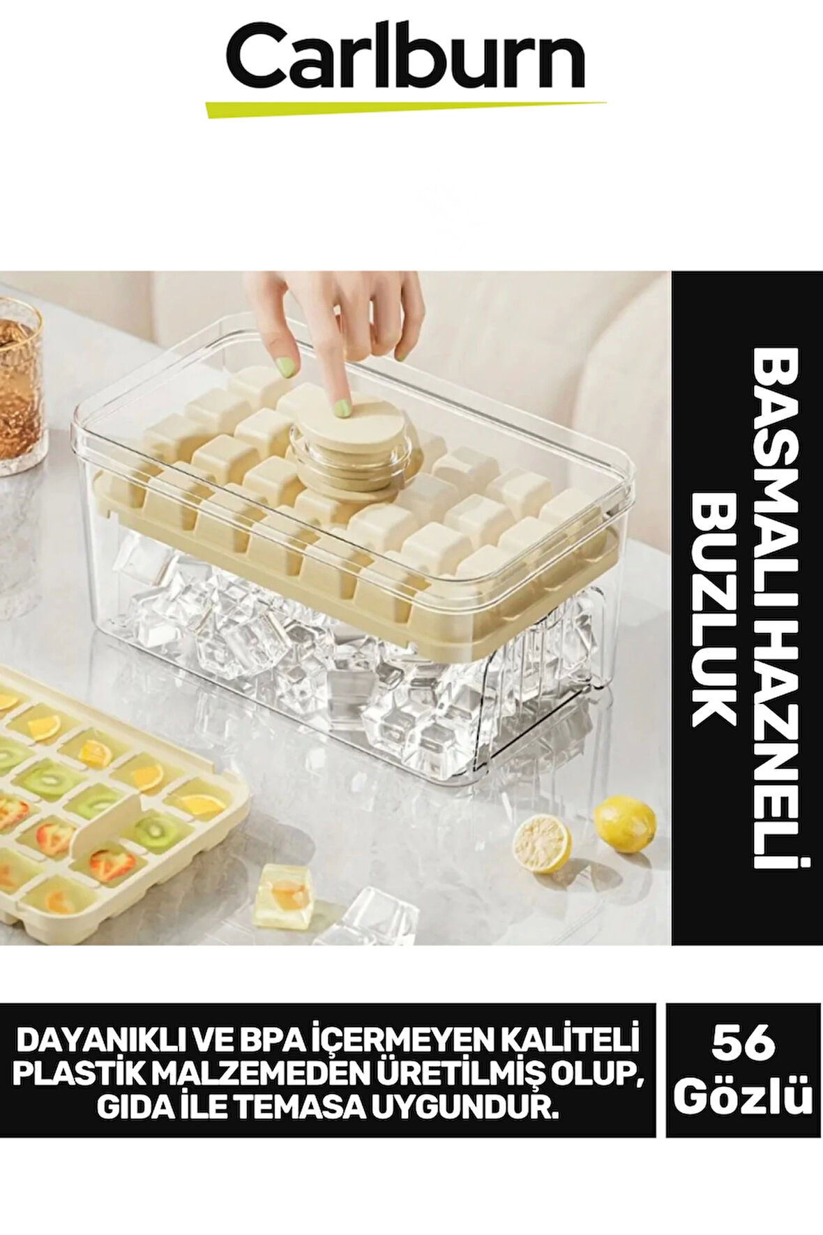 Yeni Nesil Dayanıklı Bpa İçermeyen Düğmeli Basmalı Çift 56'lı Buz Küpü Kalıbı Saklama Kutulu