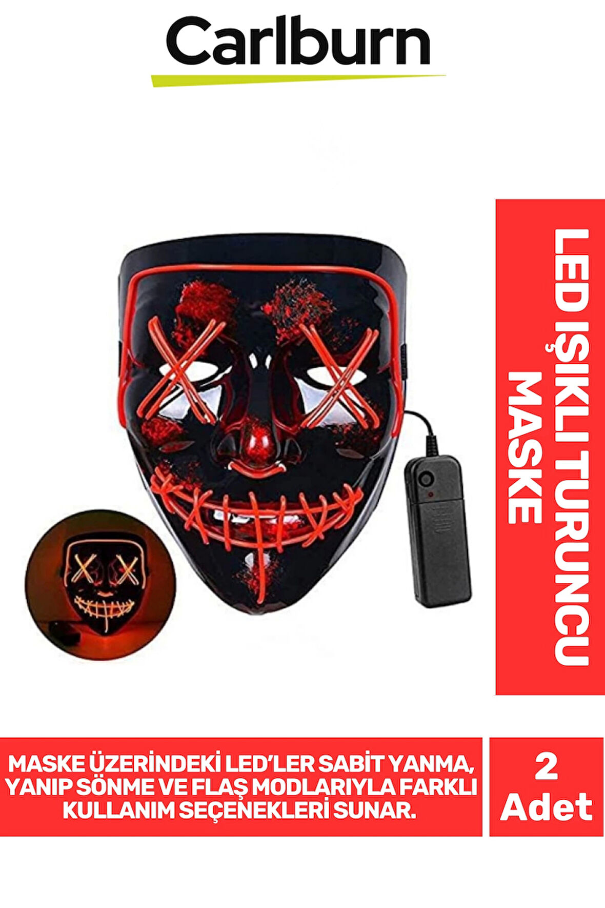 Özel Tasarım Pilli Dayanıklı Rahat Hafif 3 Modlu Uzun Süre Güçlü LED Işıklı Turuncu Maske 1 Adet