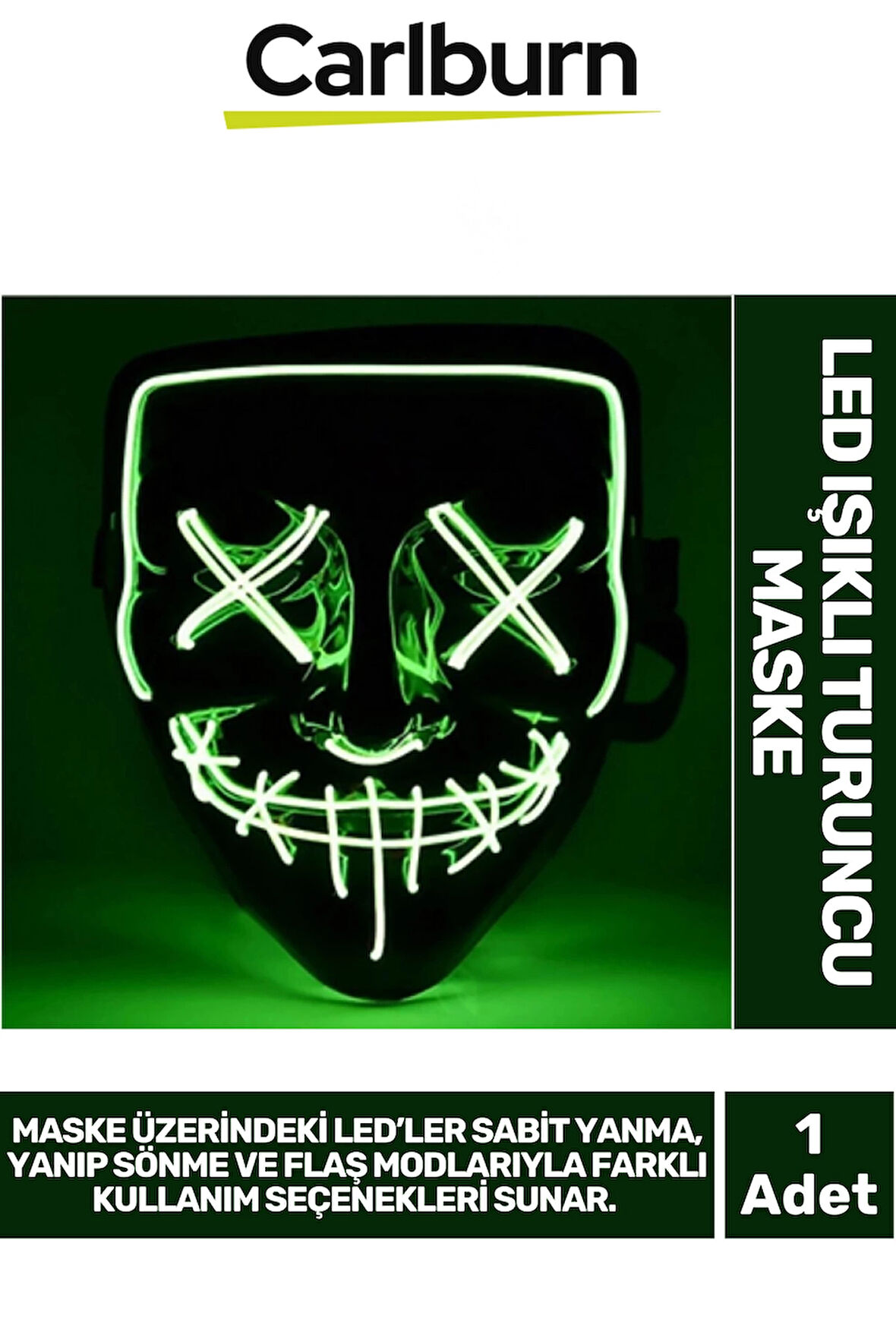 Özel Tasarım Pilli Dayanıklı Rahat Hafif 3 Modlu Uzun Süre Güçlü LED Işıklı Yeşil Maske 1 Adet