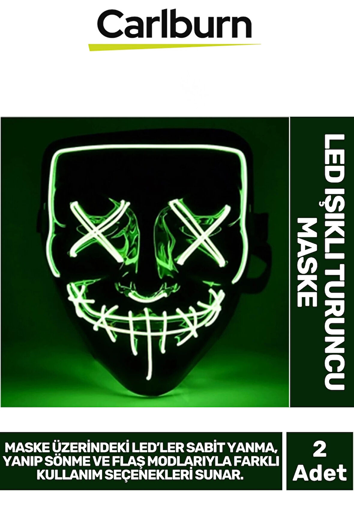 Özel Tasarım Pilli Dayanıklı Rahat Hafif 3 Modlu Uzun Süre Güçlü LED Işıklı Yeşil Maske 2 Adet