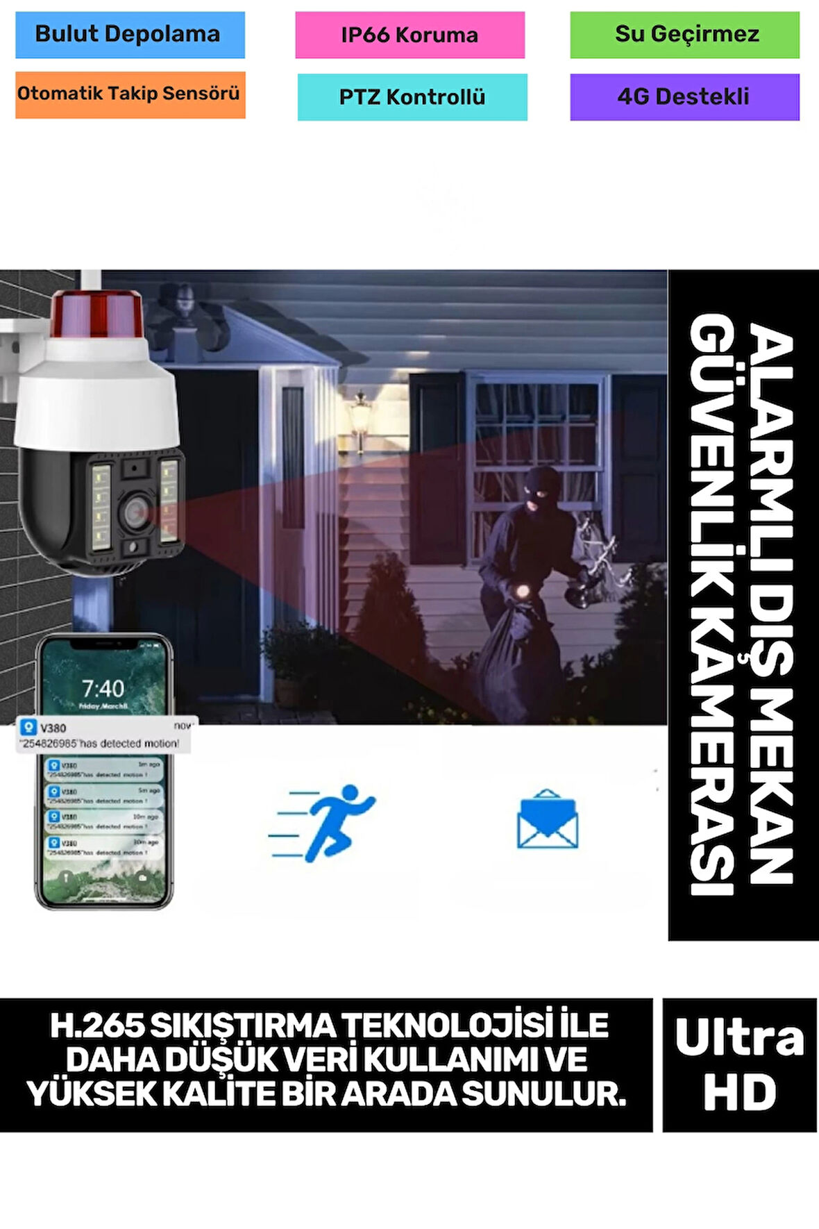 H.265 Sıkıştırma Teknolojisi 3MP HD Çözünürlük Gece Görüşlü Alarmlı Dış Mekan Güvenlik Kamerası