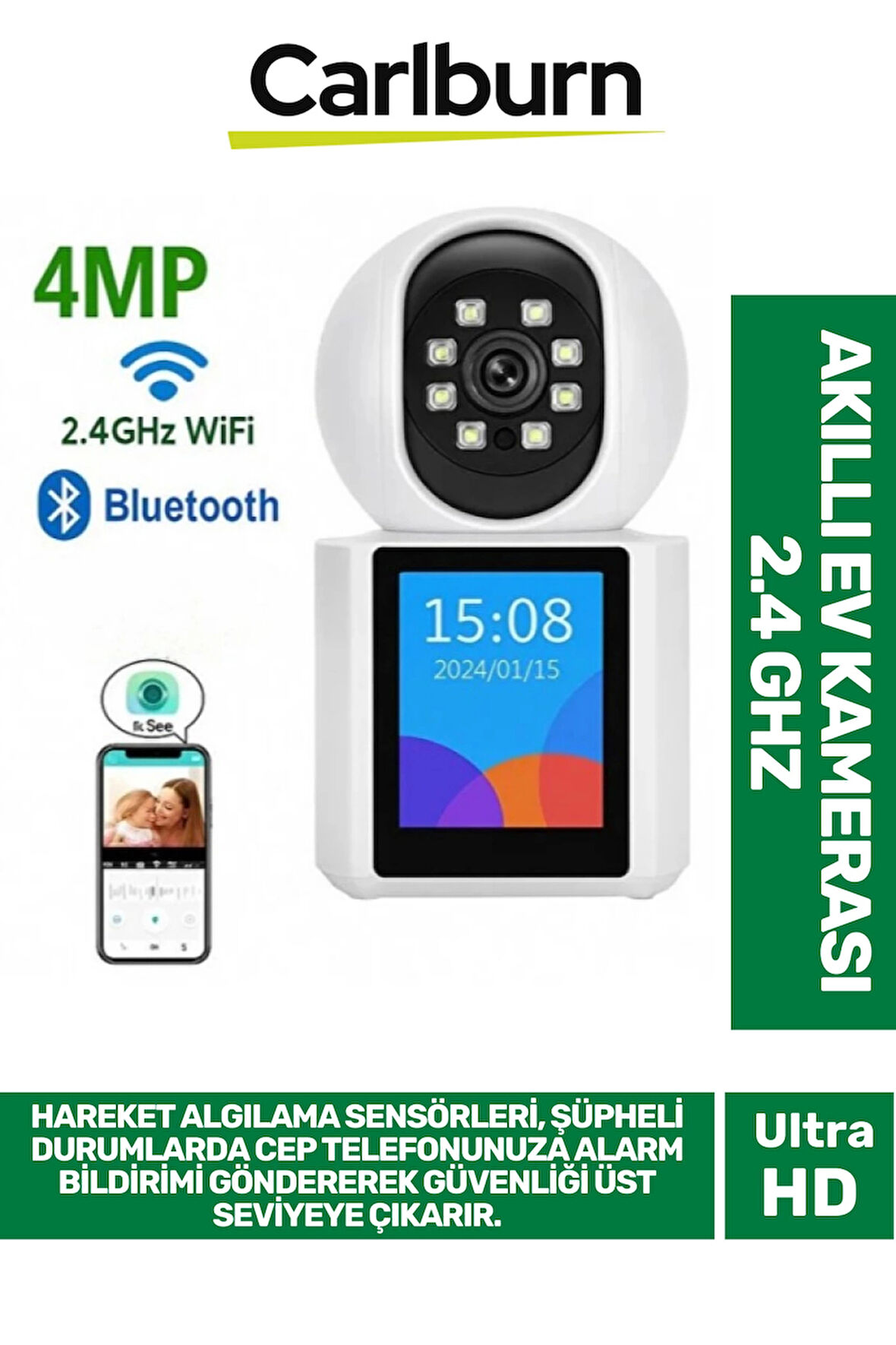 2.8 inç IPS Ekranlı Çift Taraflı Seslendirme Hareket Algılama 4MP Lens 2.4 GHz Akıllı Ev Kamerası