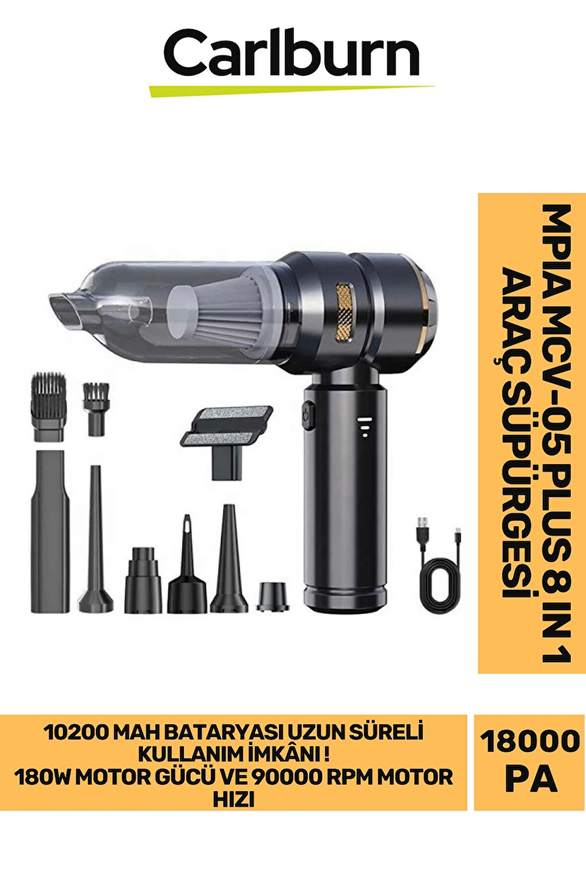 Premium 18000 PA Çekim Emiş Gücü 180W Led Göstergeli 0.5L Hacimli Şarjlı 10200 mAh Araç Süpürgesi